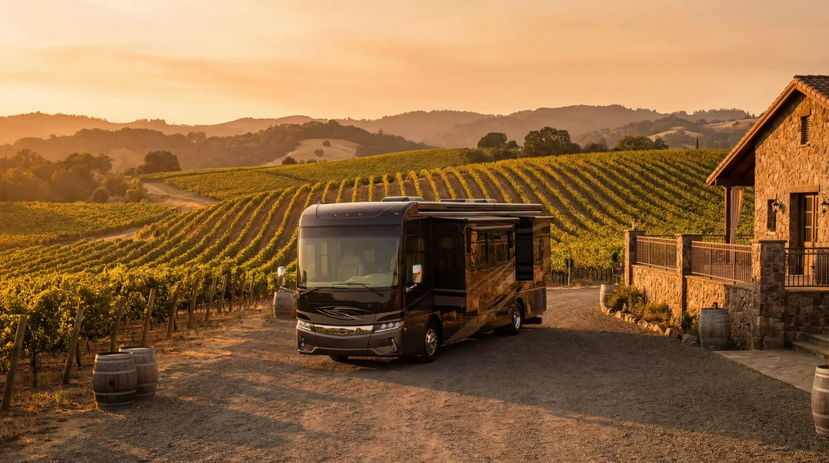 RV parked at a scenic winery with vineyard rows and rolling hills in the background