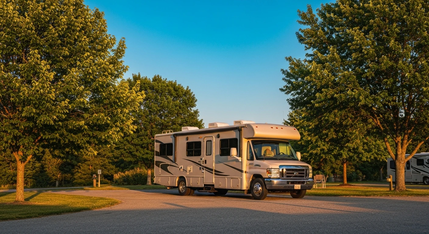Class C motorhome parked in scenic campsite at golden hour