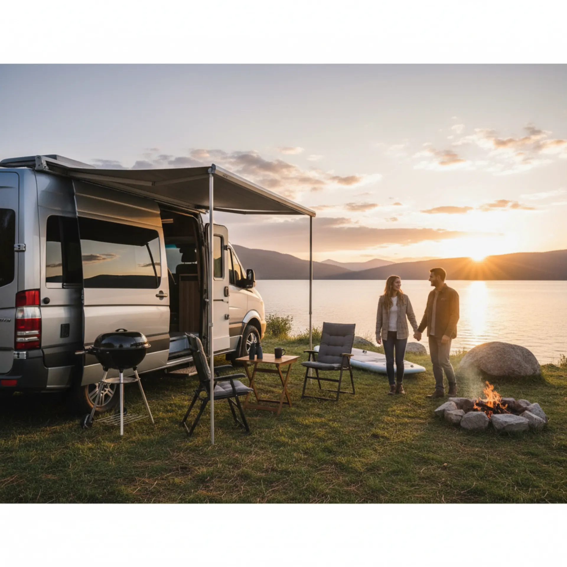 Modern RV parked at a scenic lakeside campsite at sunset showcasing rental lifestyle appeal