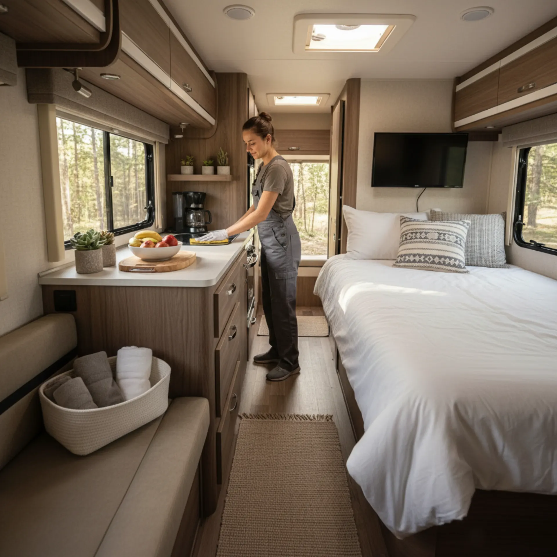 Well-maintained RV interior prepared for rental guests with fresh linens and organized kitchen