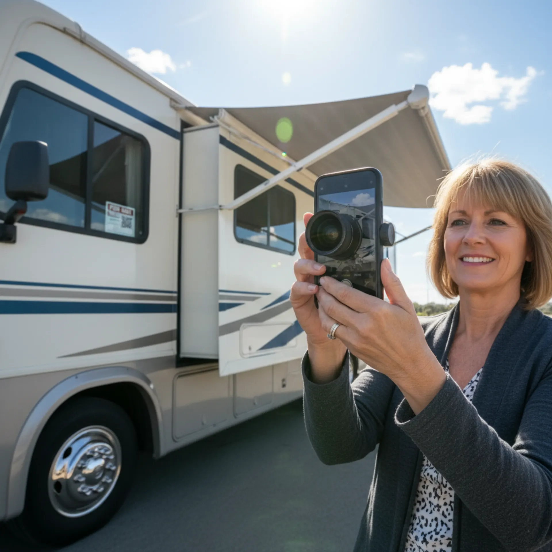 RV owner photographing their vehicle with a smartphone to create an attractive Outdoorsy listing