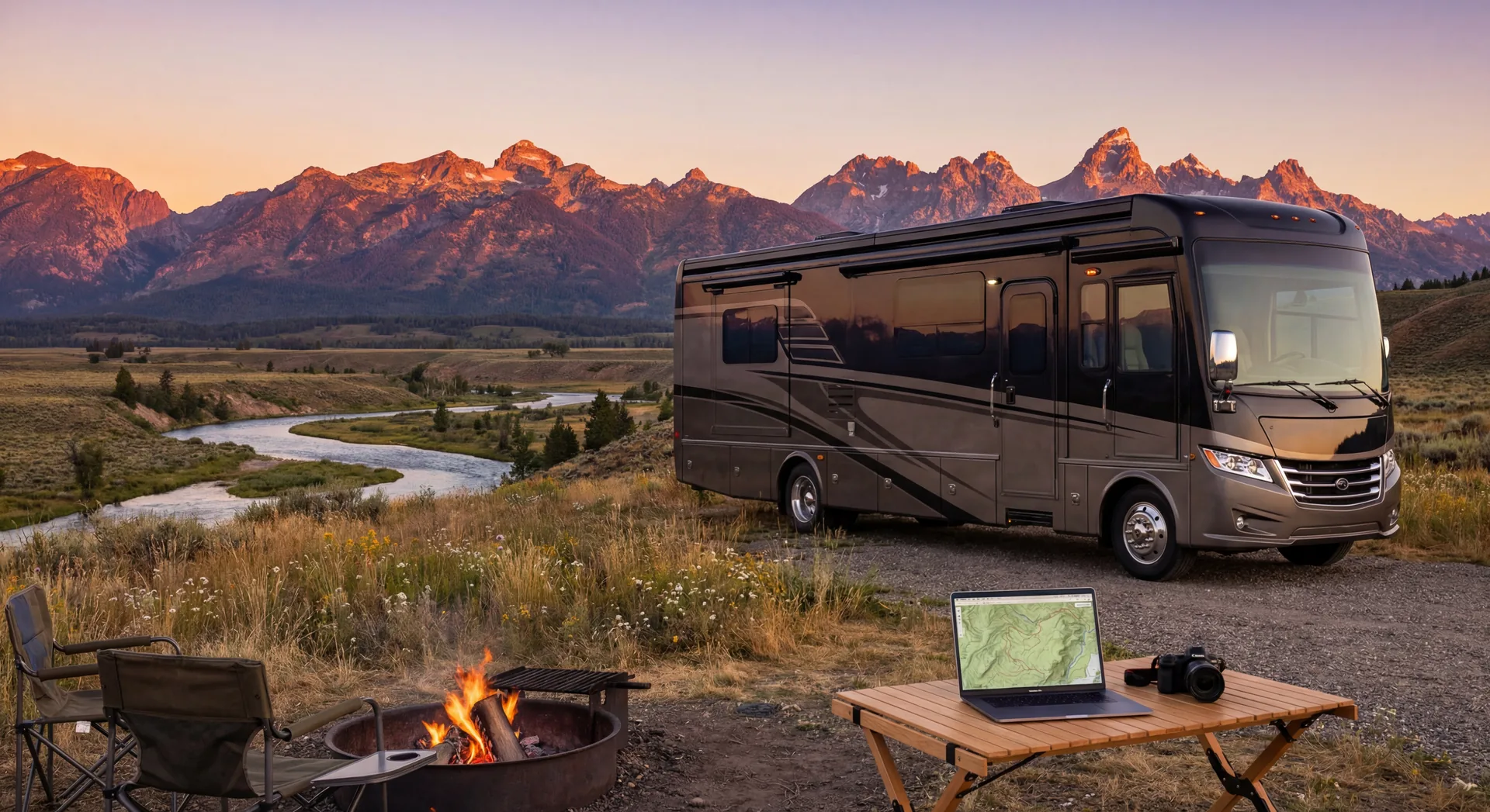 RV parked at a scenic campsite with sunset and mountains