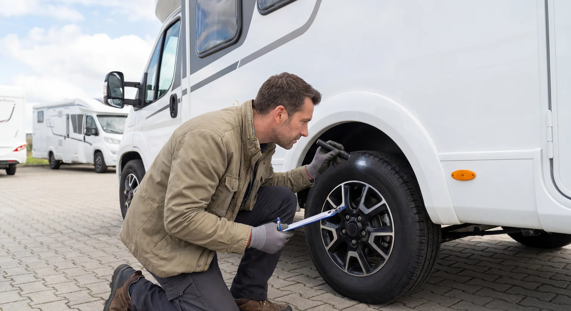 Person checking tires and exterior of motorhome during RV rental inspection