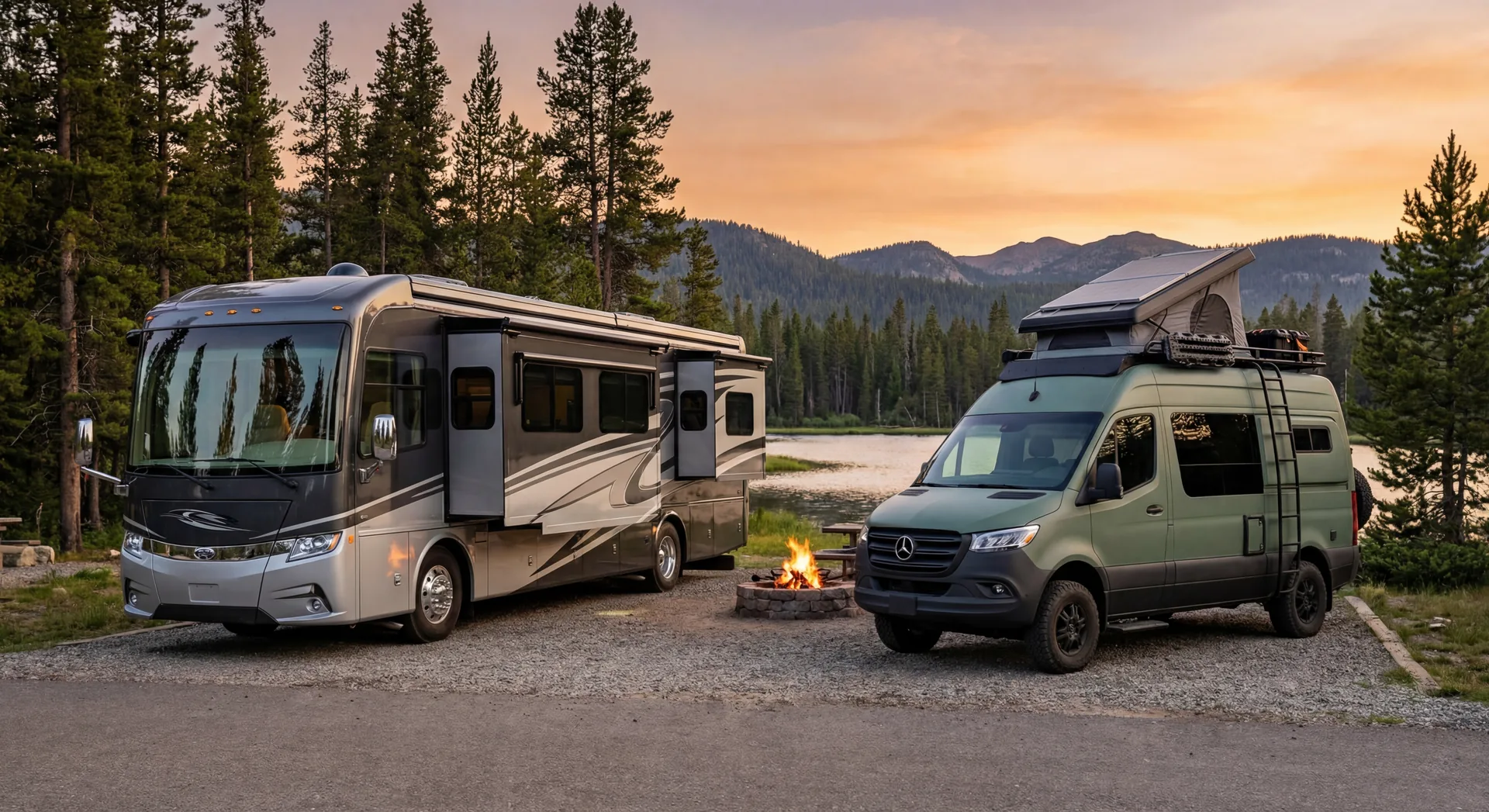 Two different modern RVs side by side in scenic campgrounds