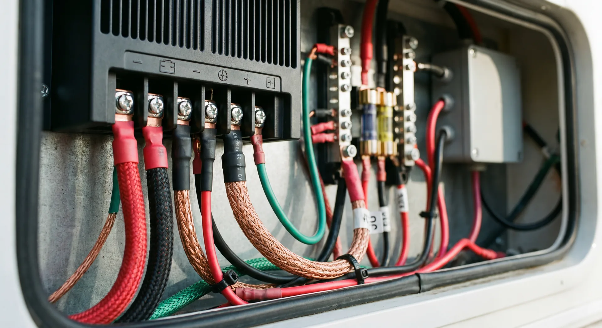 Close up of RV solar charge controller and wiring in electrical compartment