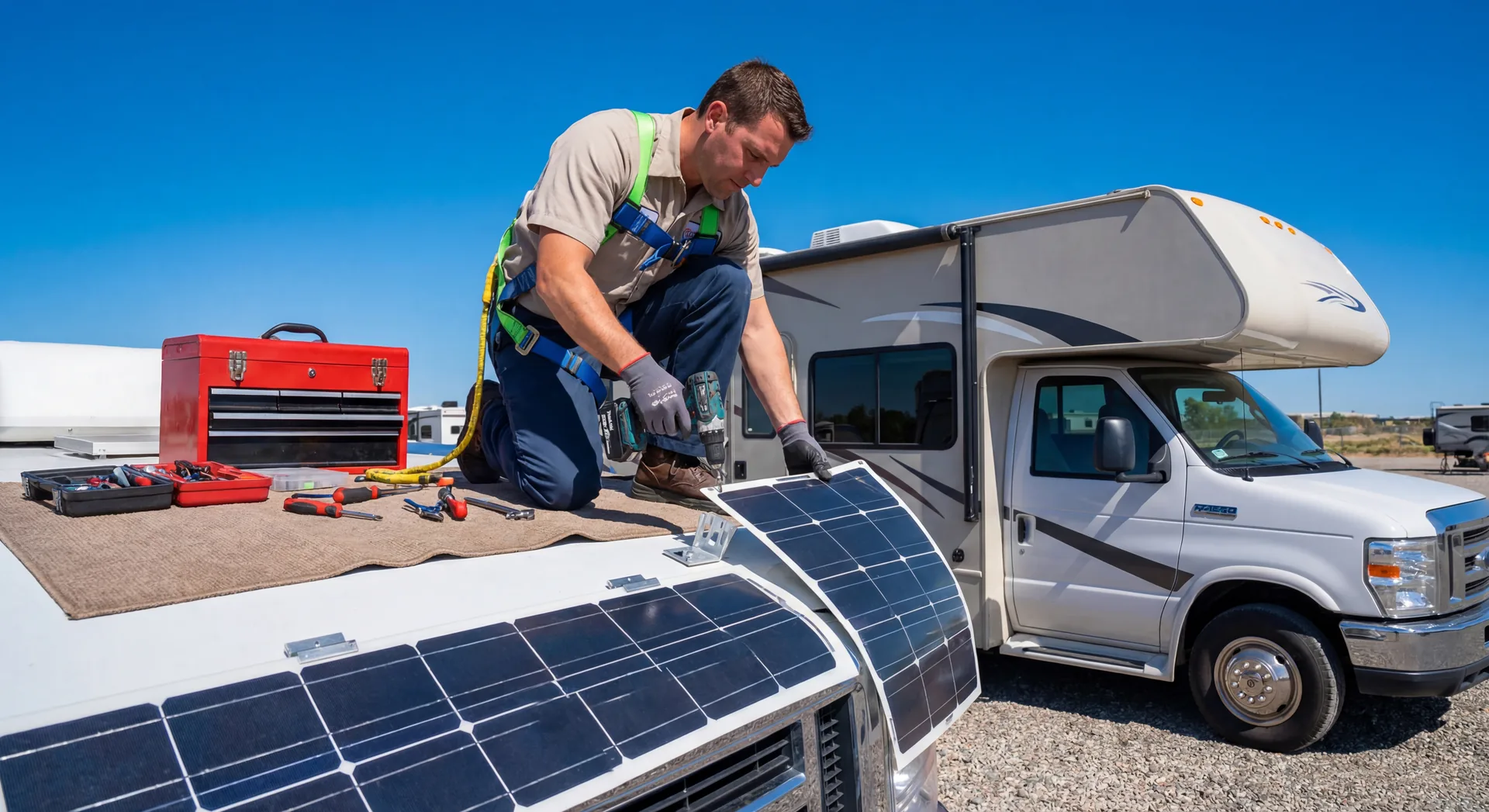 Professional installing solar panels on RV roof with tools and clear blue sky