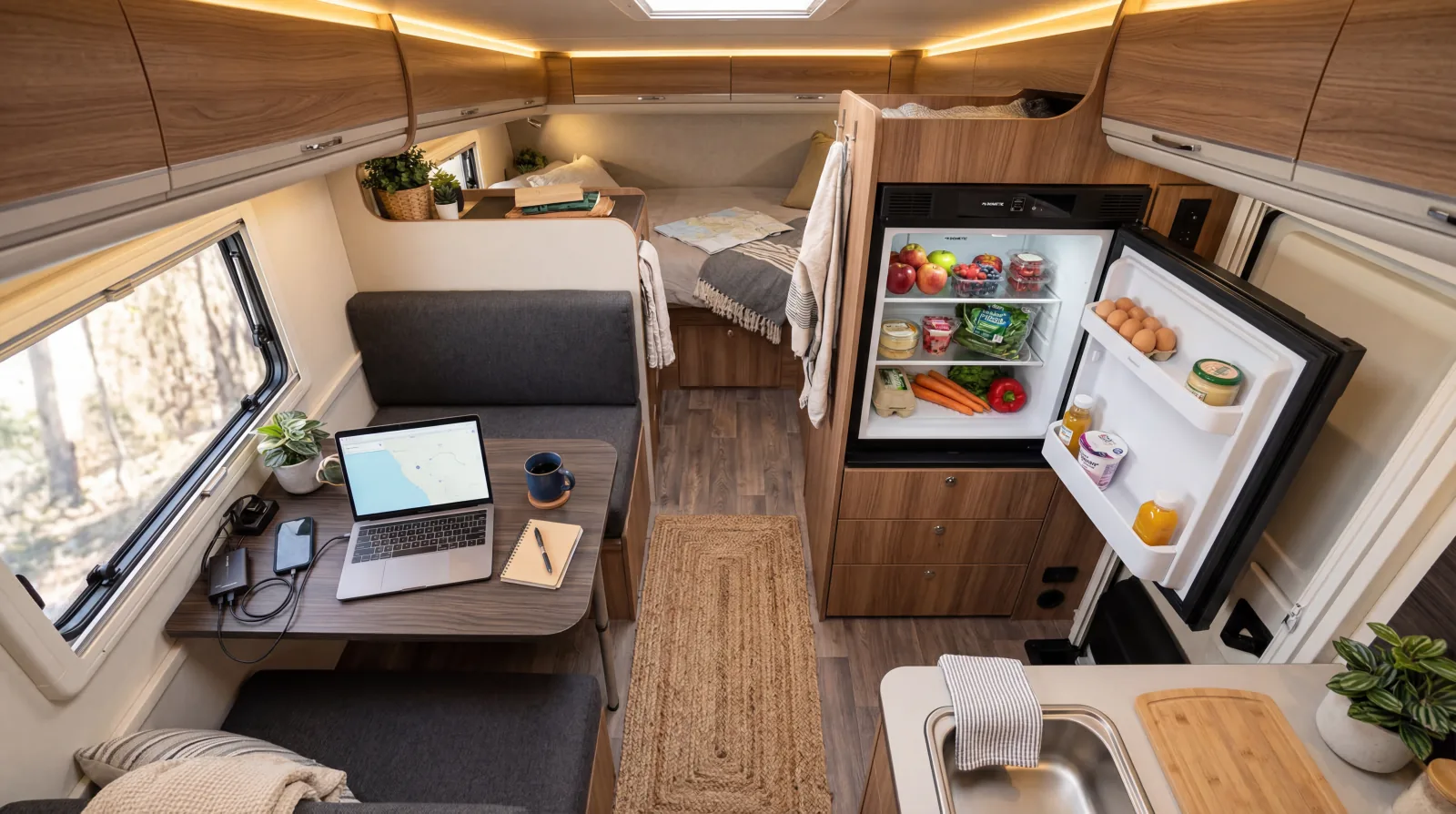 RV interior showing 12V fridge, laptop on dinette, phone charging, and warm LED lights