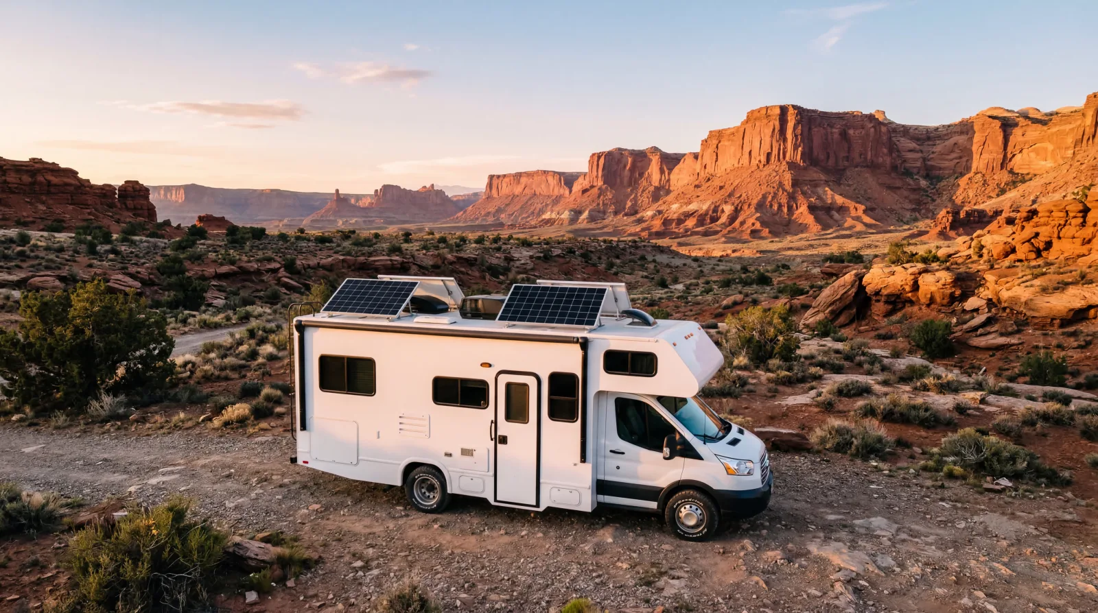 White Class C motorhome with four solar panels on roof at a desert boondocking campsite during golden hour