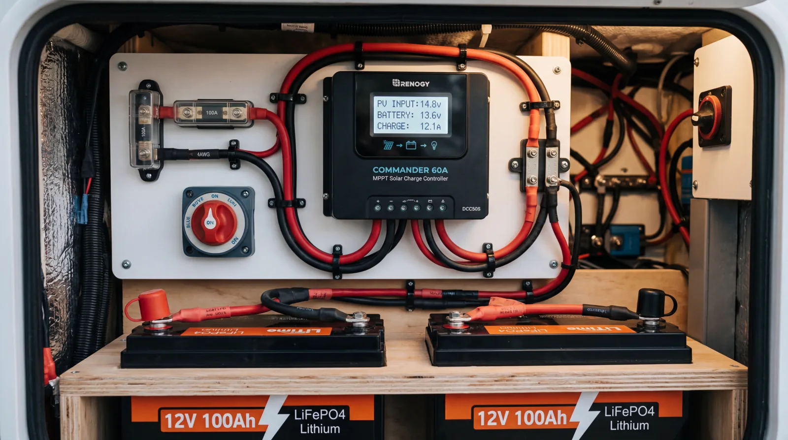 MPPT solar charge controller with LCD display and lithium LiFePO4 batteries in an RV electrical compartment