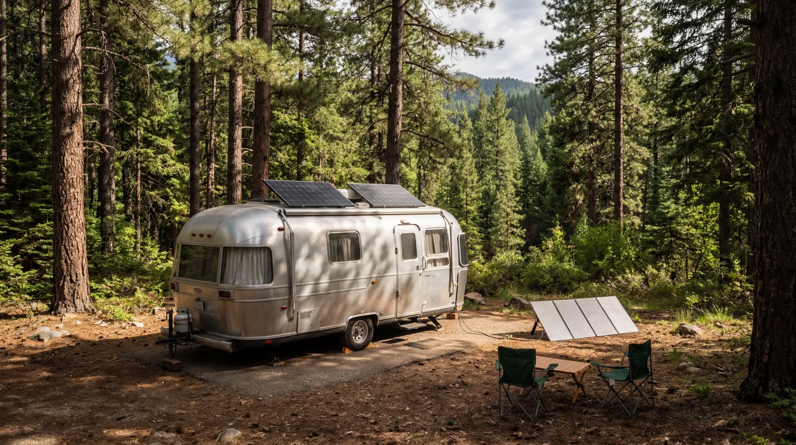 Travel trailer at shaded forest campsite with roof solar panels and portable folding panel deployed in a sun patch