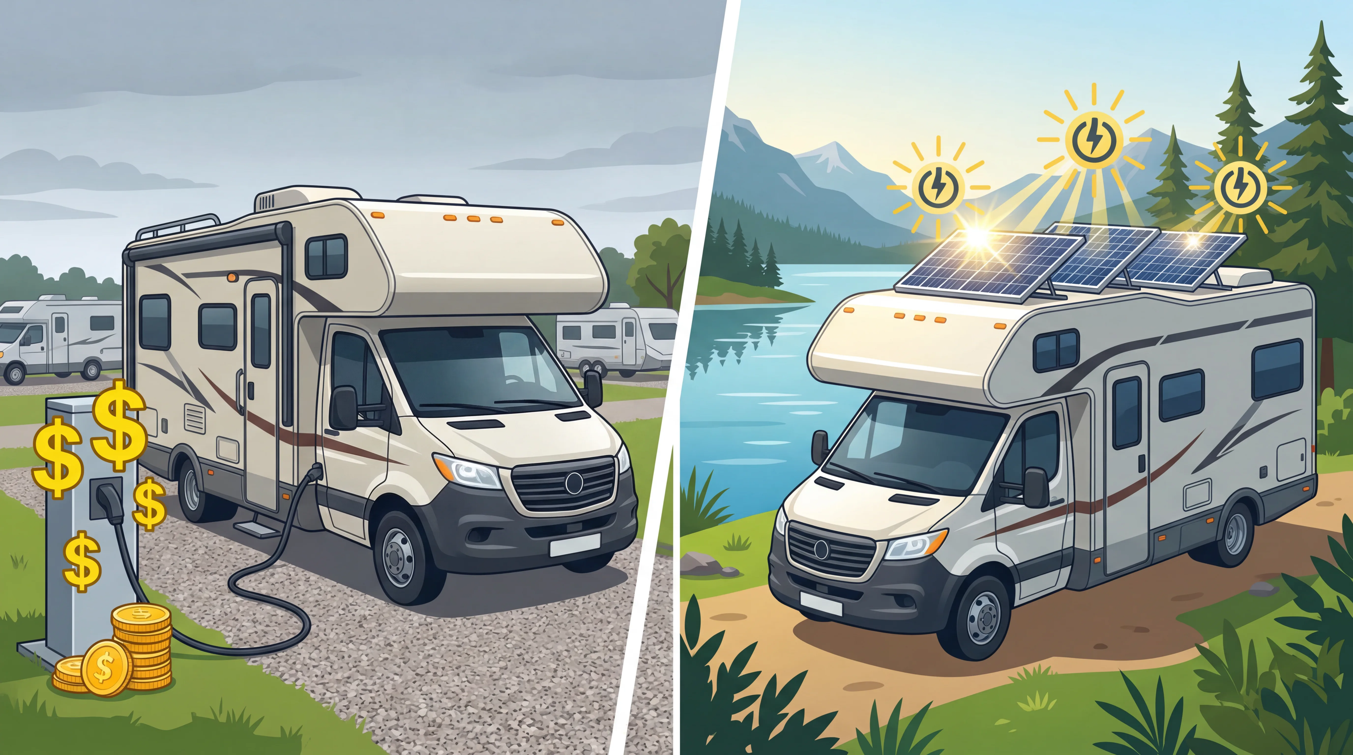Split view comparing a crowded campground with full hookups on the left and a peaceful free boondocking site with solar panels on the right