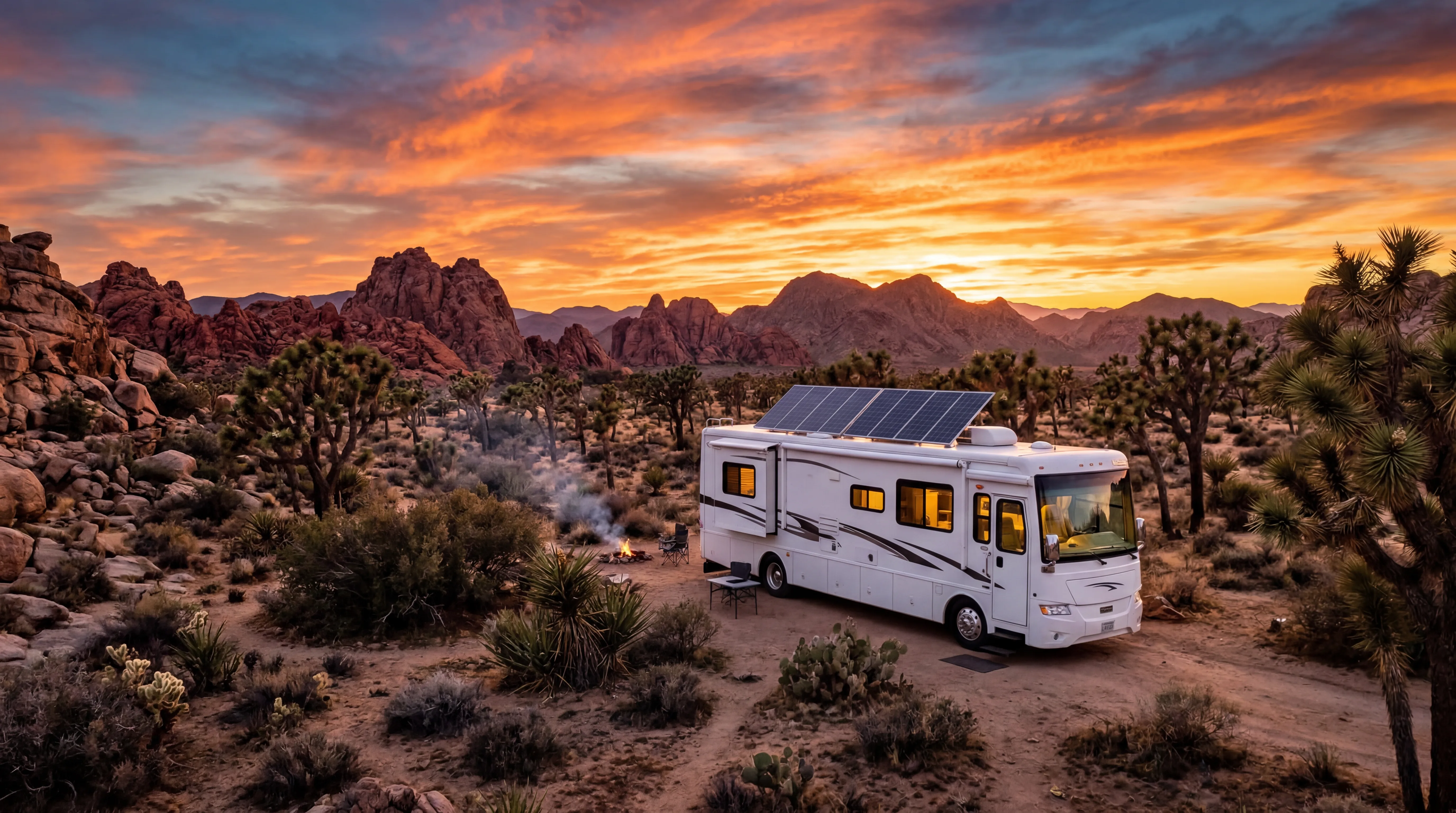 Class A motorhome with solar panels on roof parked at a desert boondocking site during a vivid orange sunset
