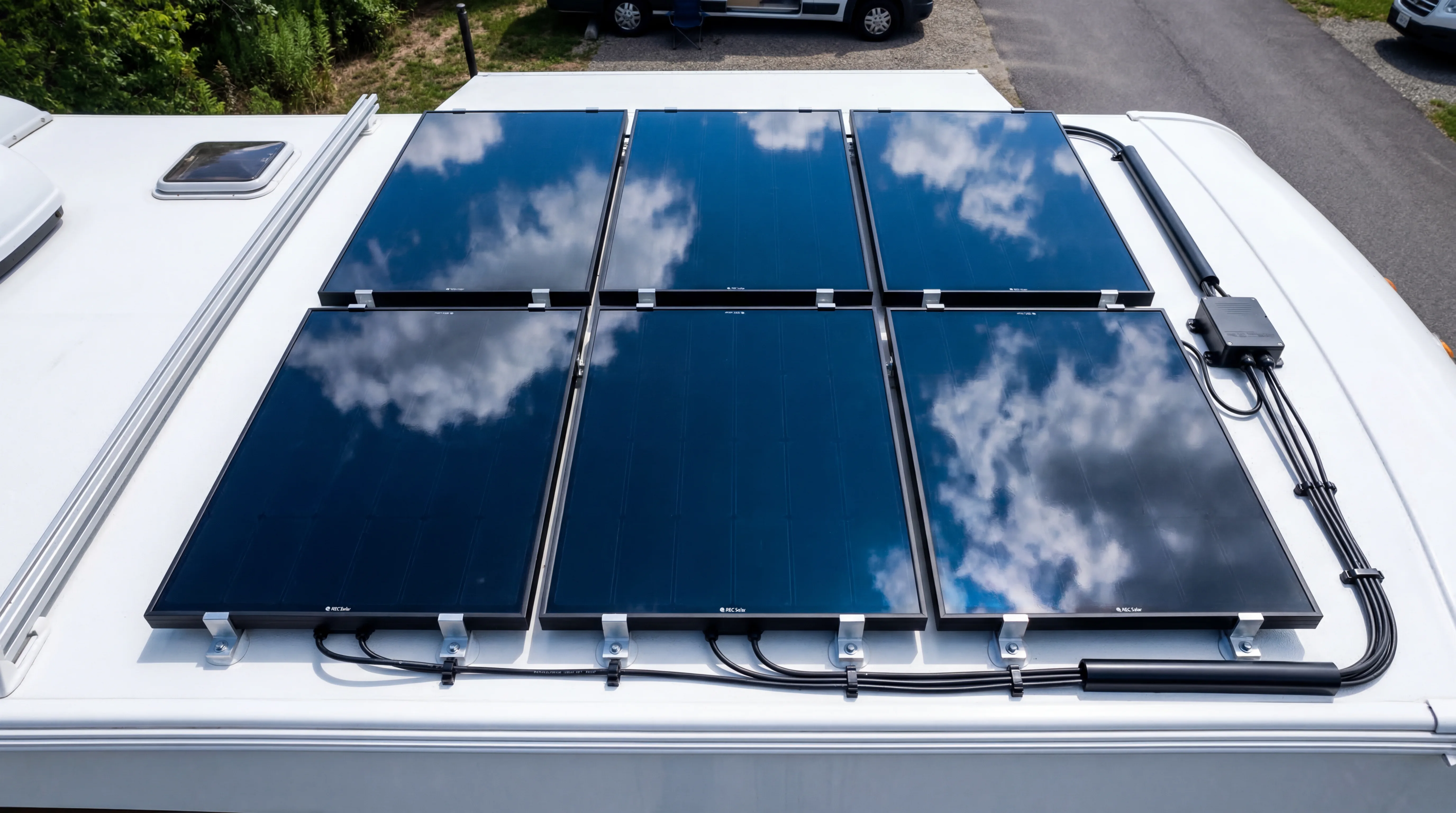 Close view of three monocrystalline solar panels mounted on a white RV roof against a vivid blue sky with a few clouds