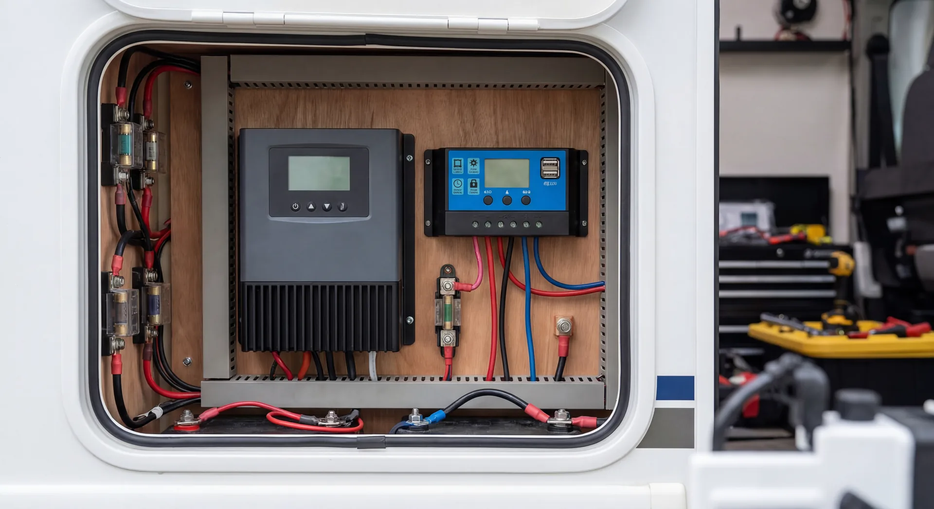 Side by side comparison of two solar charge controller brands in RV electrical bay