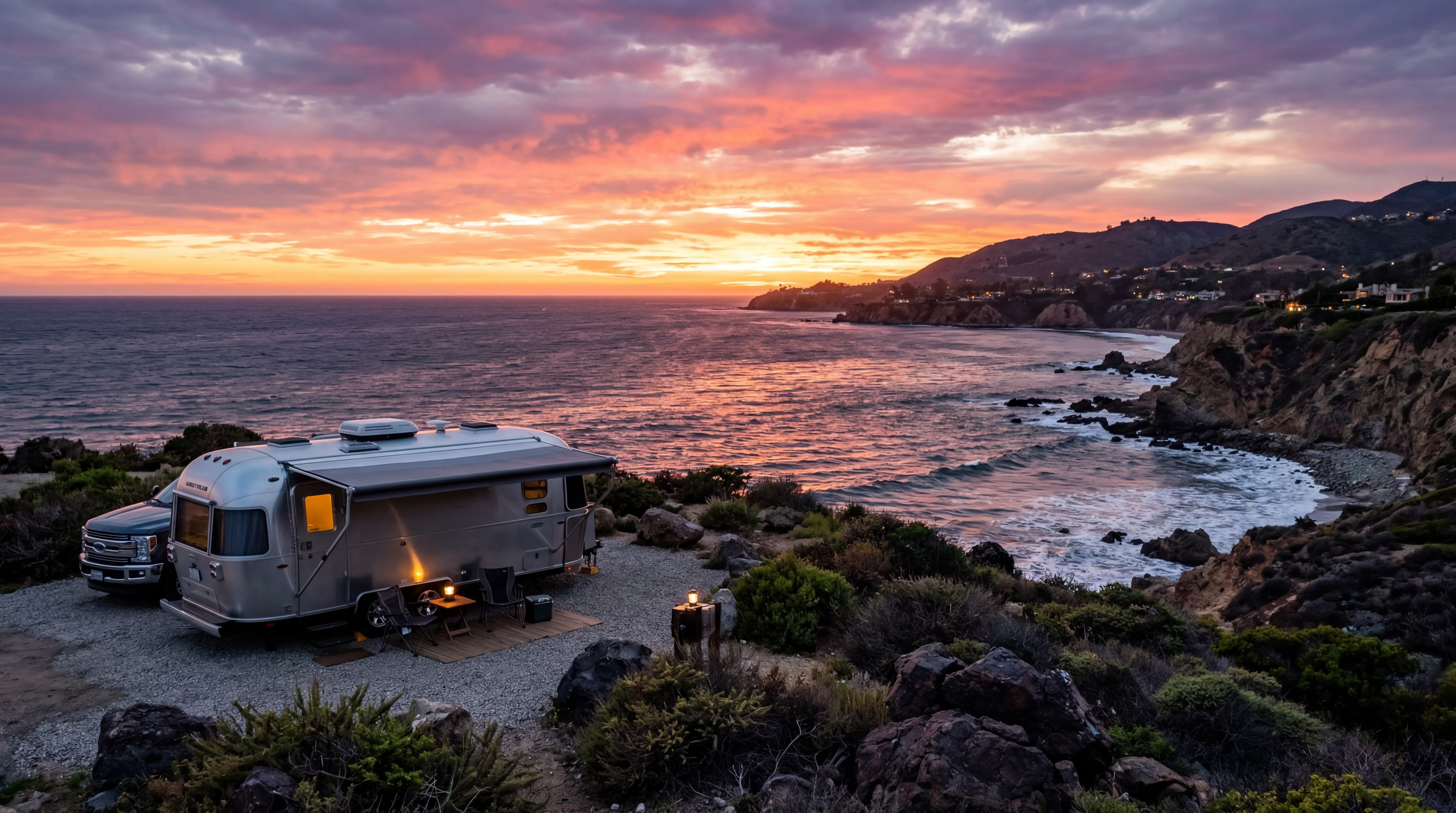 RV at scenic California coastal campsite with dramatic sunset over Pacific Ocean