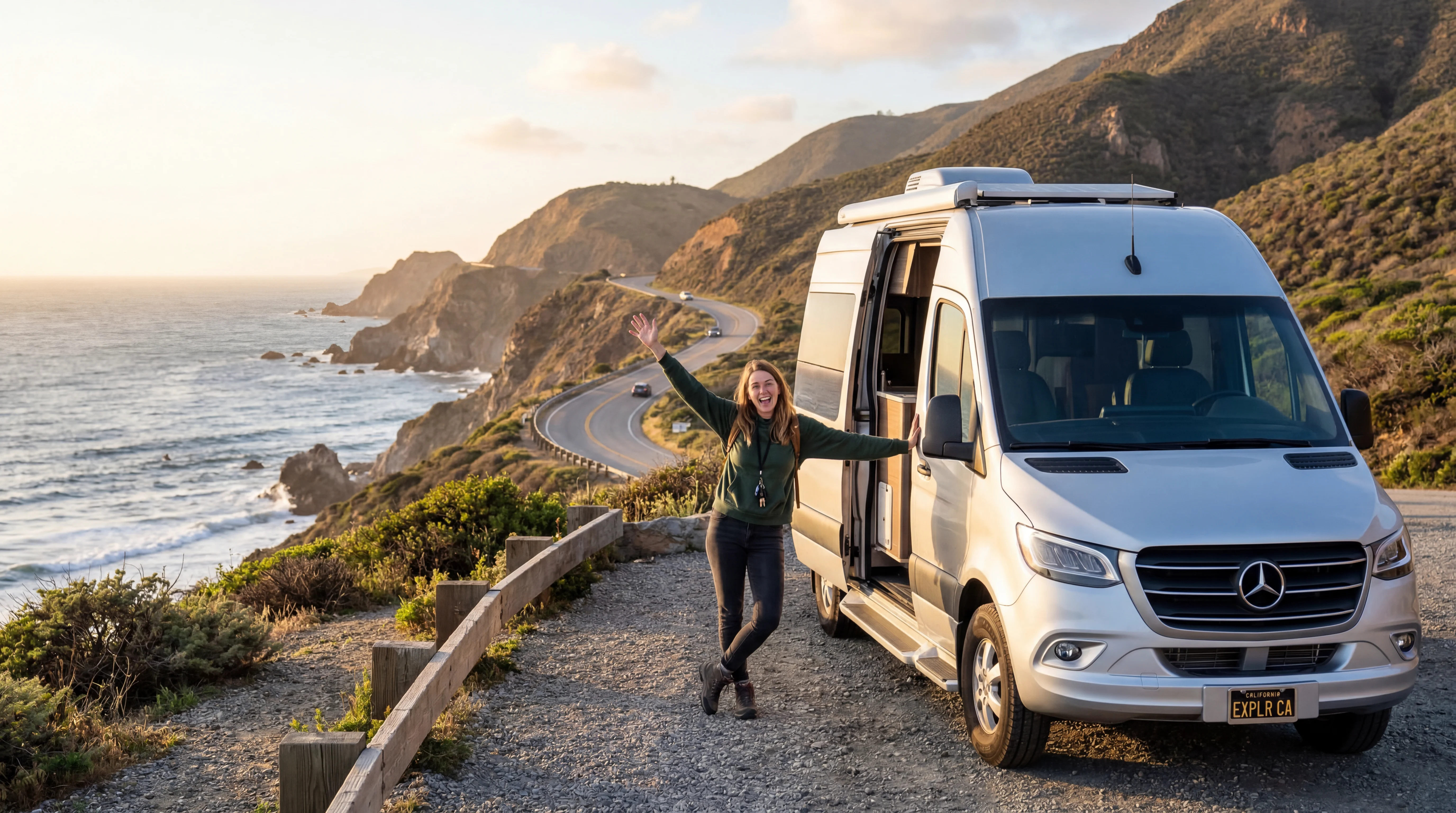 Excited first time RV renter with Pacific Coast Highway and ocean view