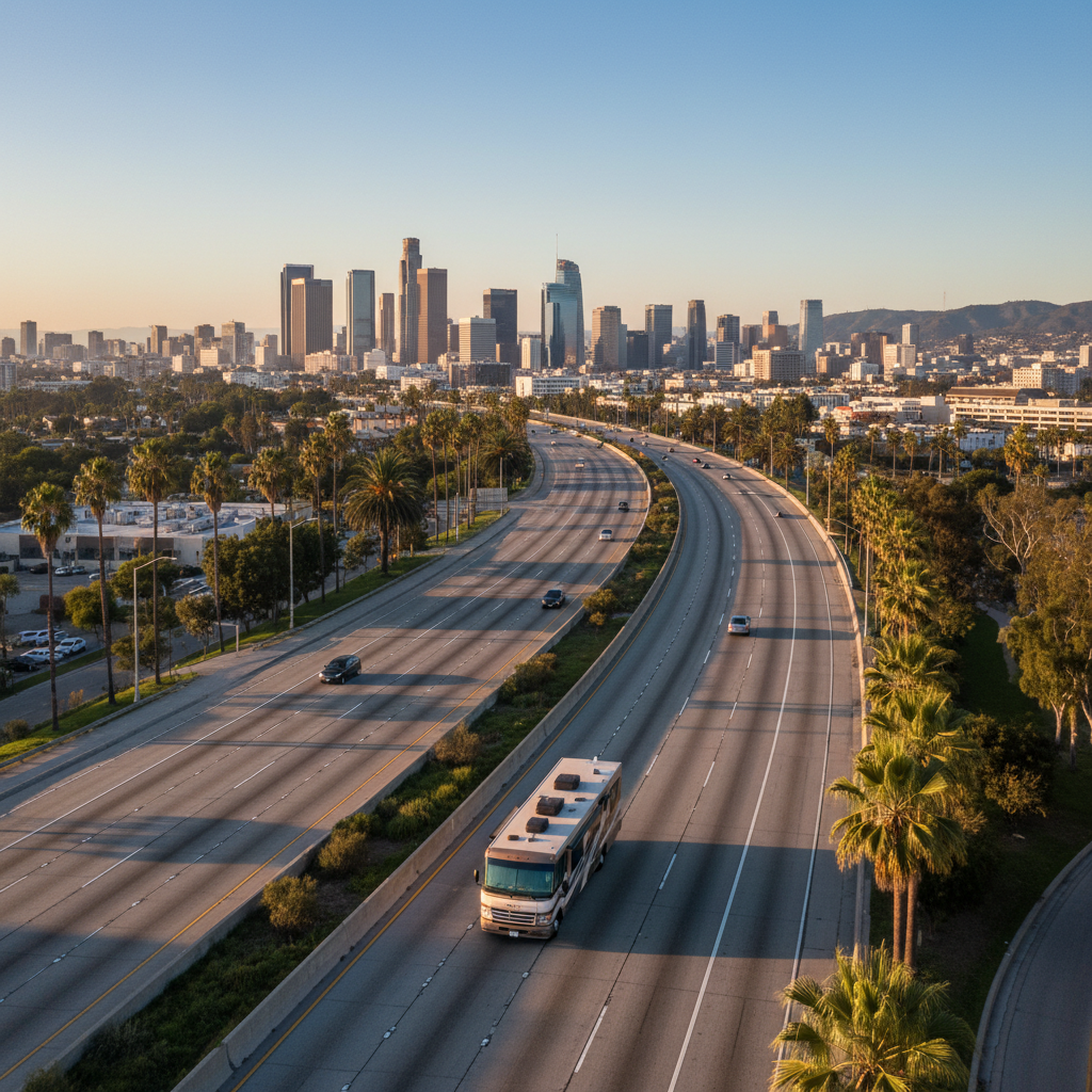 Class C motorhome driving on a Los Angeles freeway with city skyline and palm trees