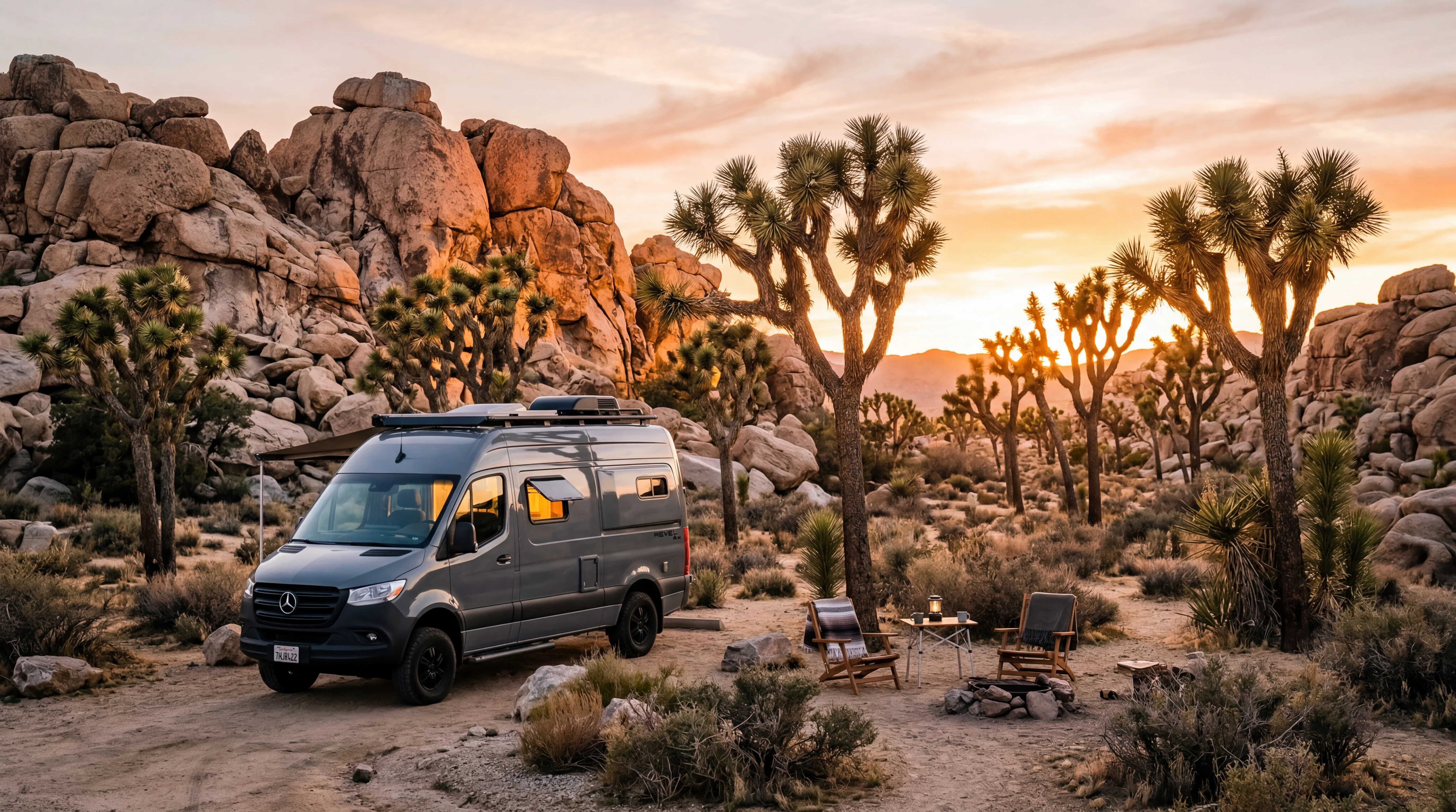 Modern RV at Joshua Tree National Park campsite with Joshua trees and boulders at golden hour