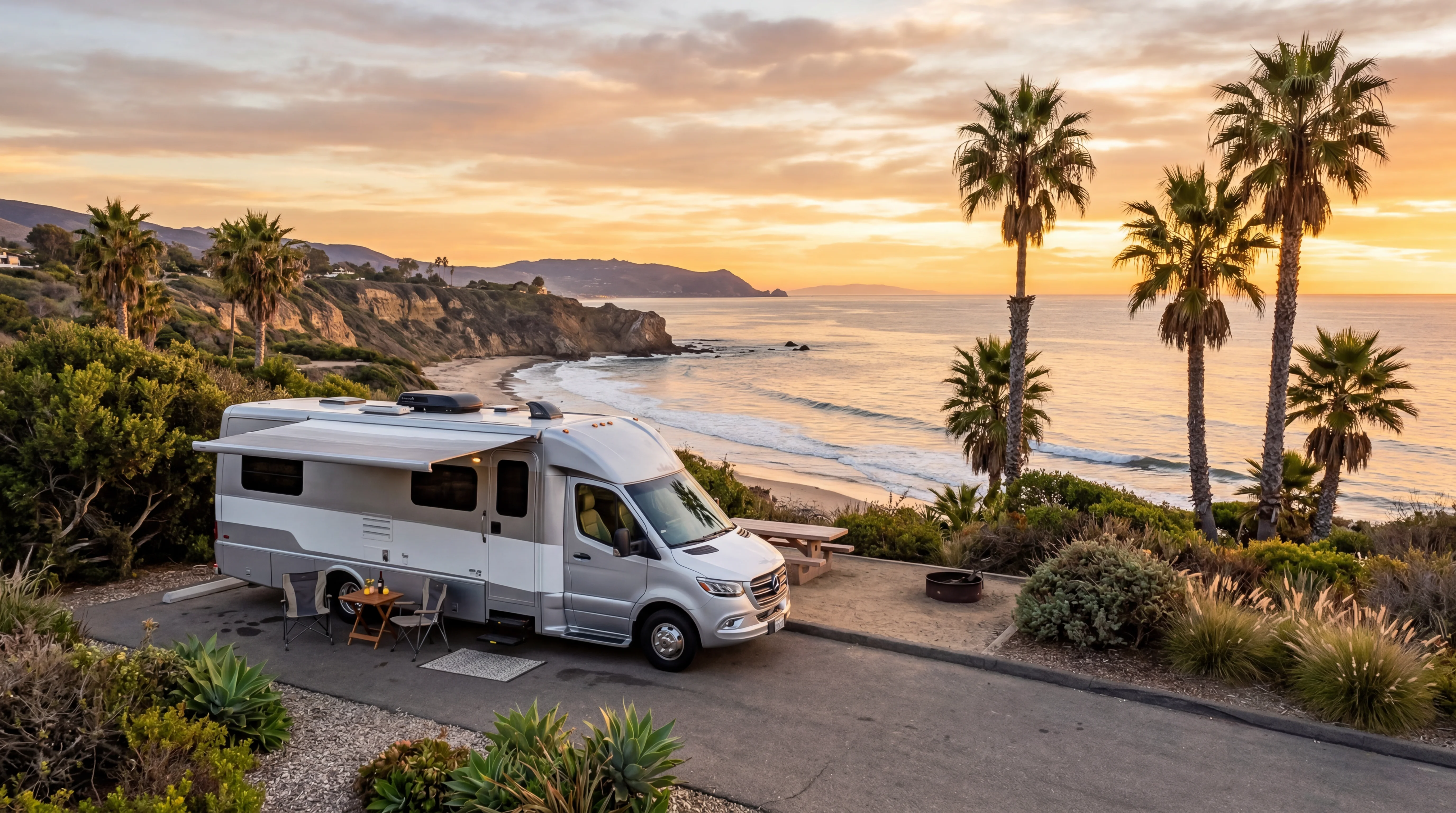 Modern RV at a scenic Southern California coastal campsite near Malibu with ocean views