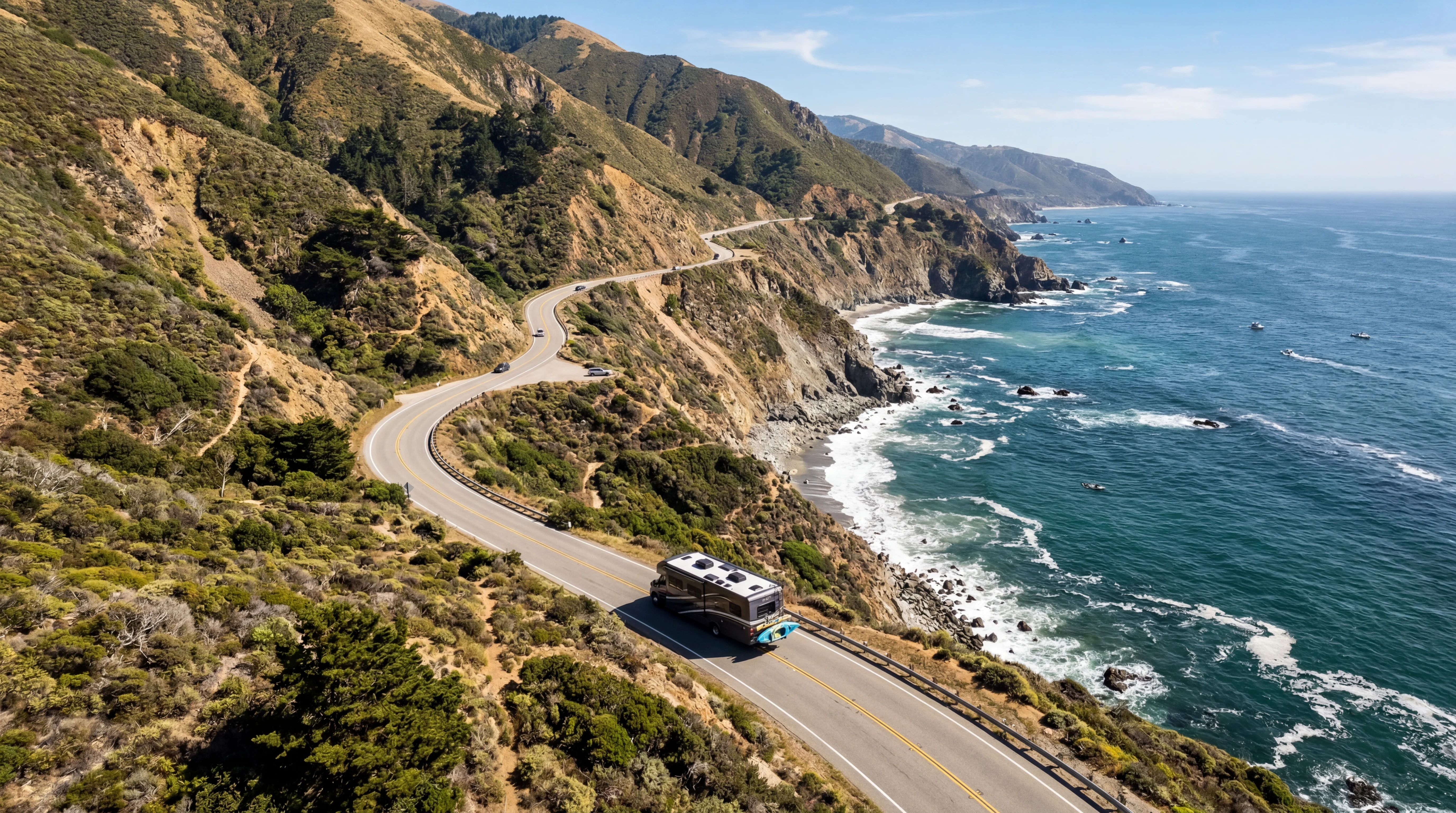 Aerial view of Pacific Coast Highway along California coast with RV driving on road