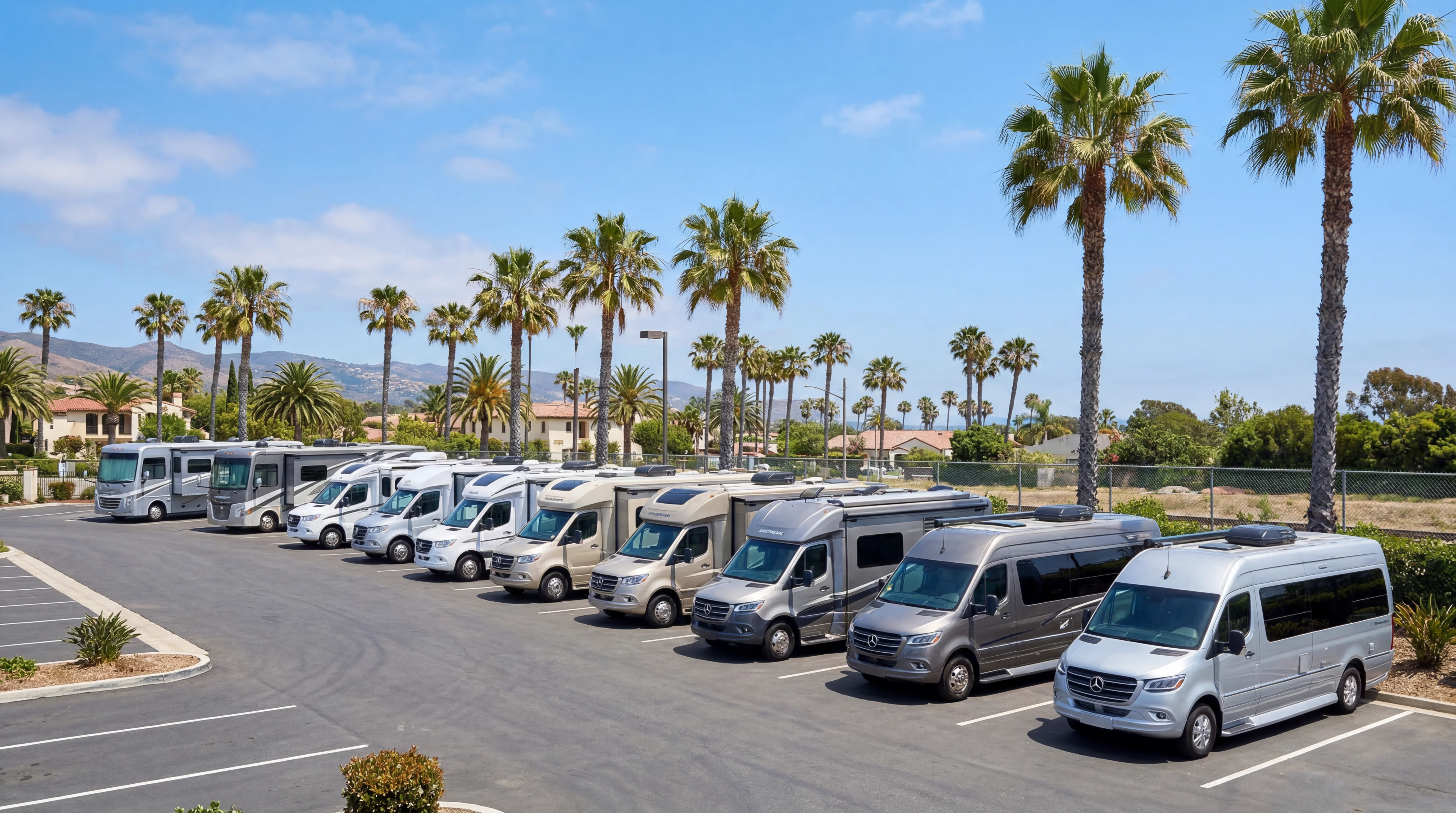 Modern RVs lined up in sunny Southern California lot with palm trees