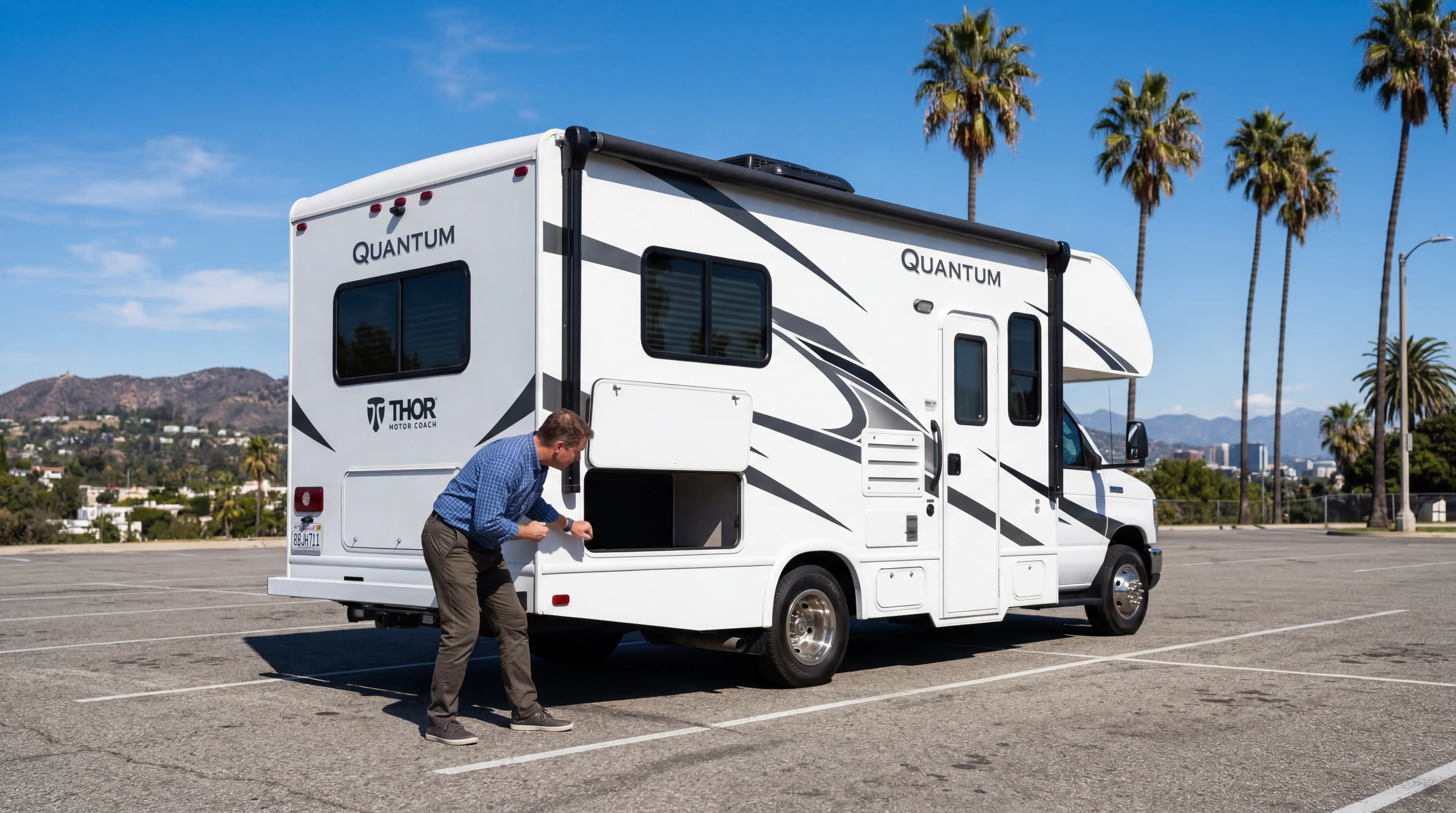 Person inspecting a modern RV in sunny Los Angeles with palm trees