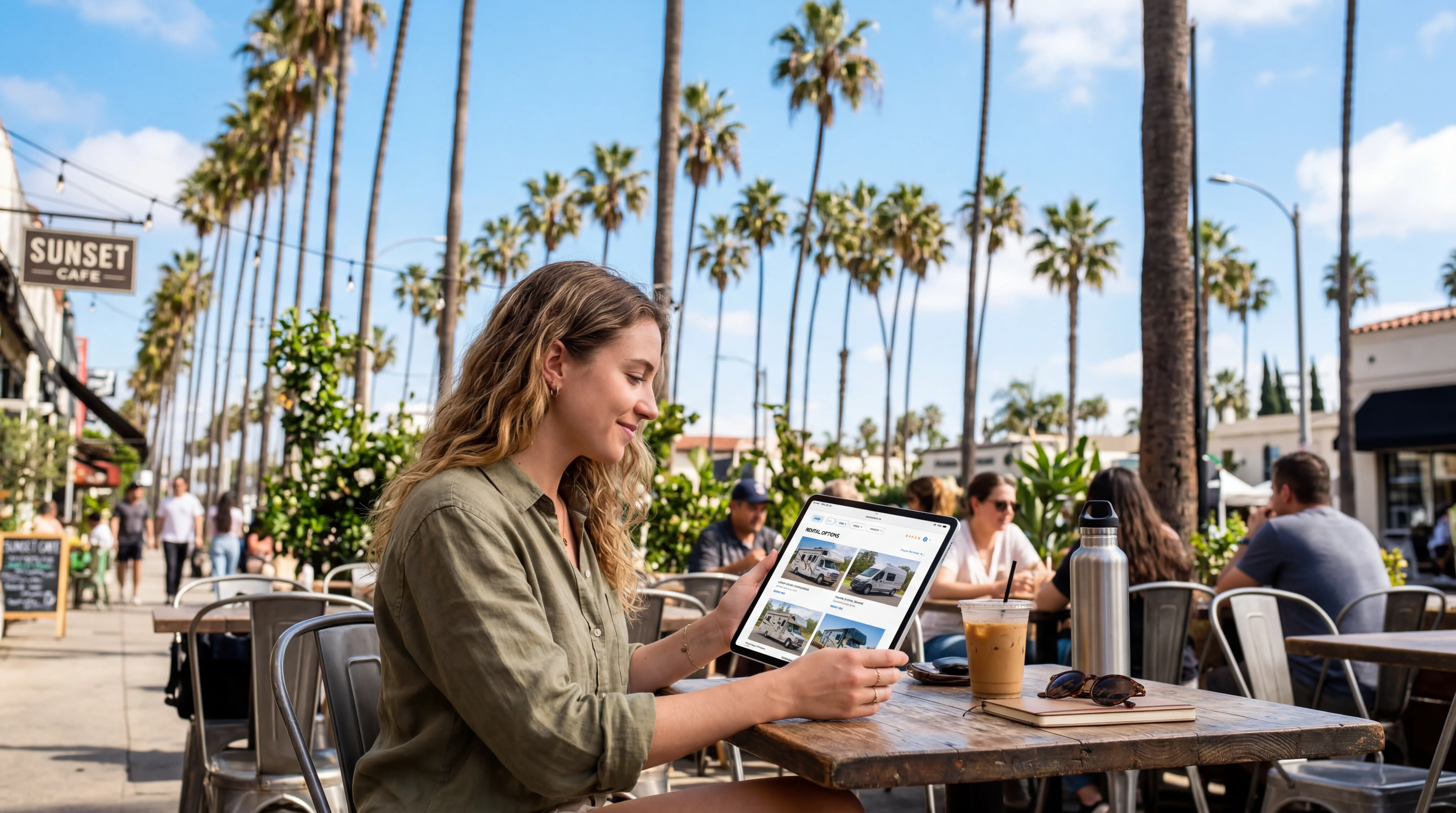 Person browsing RV options on tablet at outdoor Los Angeles cafe with palm trees
