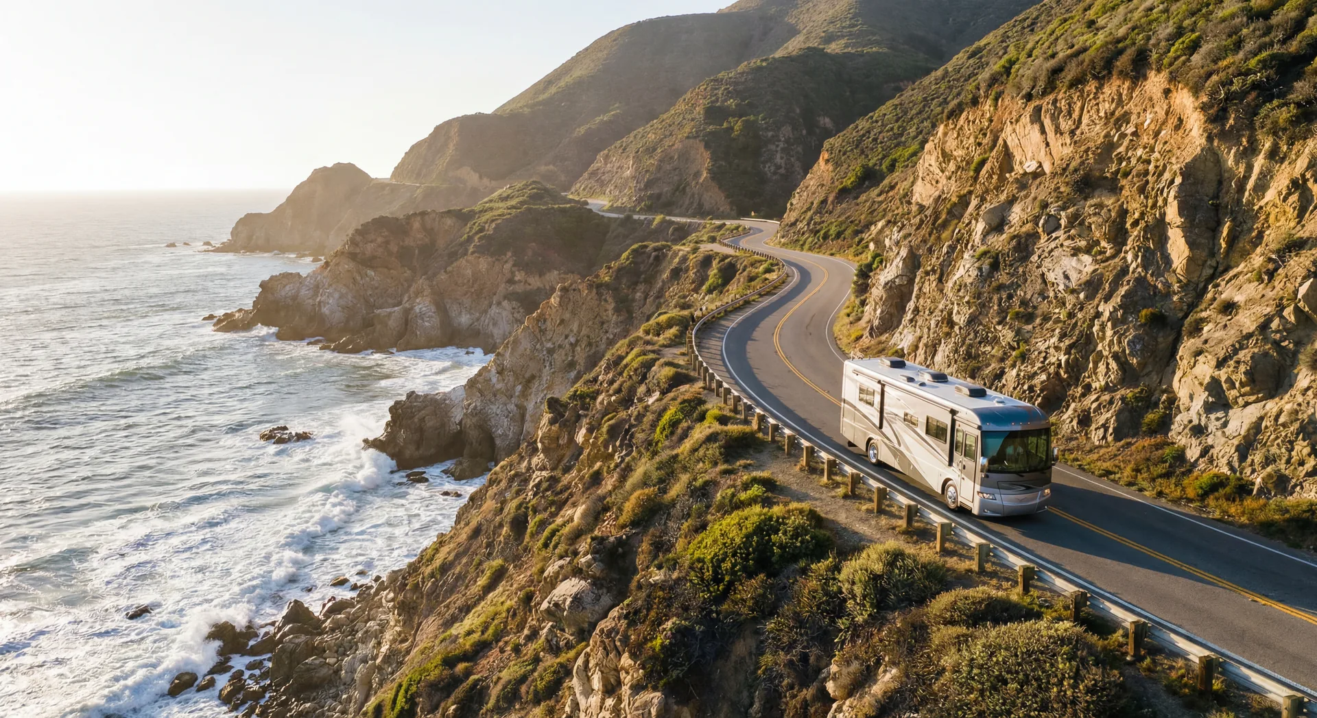 RV driving along Pacific Coast Highway in Malibu California with ocean cliffs