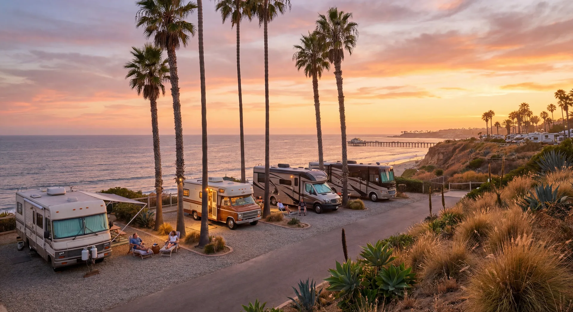 Campground near Santa Monica pier at golden hour with palm trees