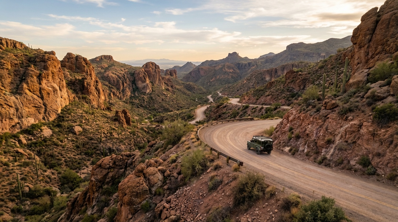 Apache Trail scenic drive through Superstition Mountains with dramatic desert canyon views