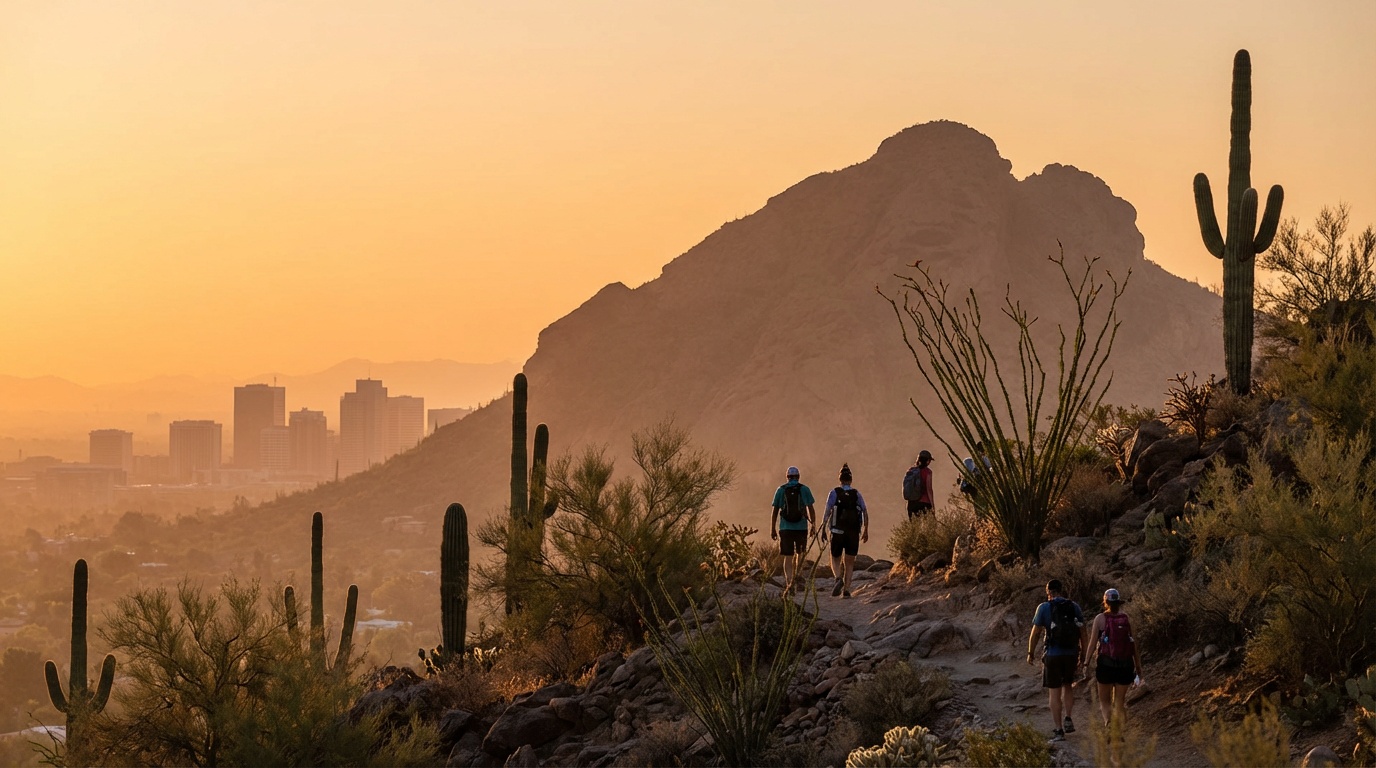 Camelback Mountain Phoenix Arizona with iconic camel-shaped mountain silhouette and hikers on trail