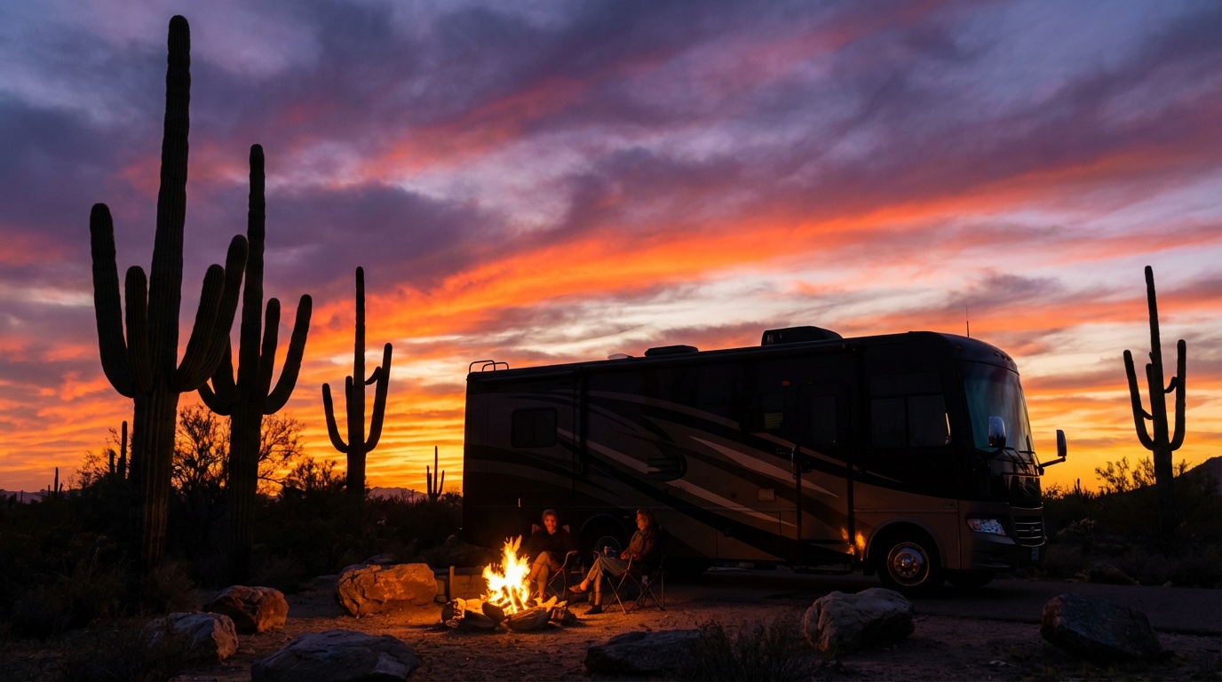 RV camping at sunset in beautiful desert landscape