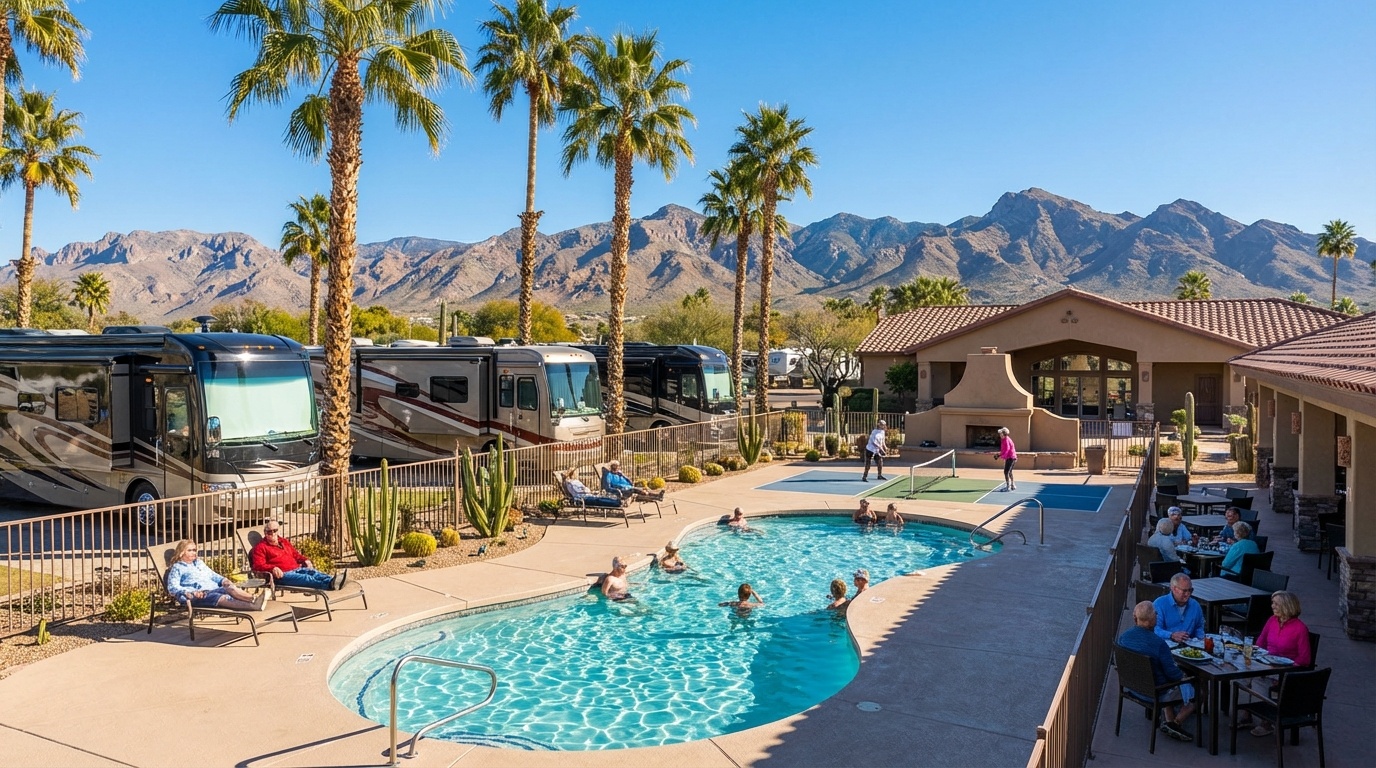 Luxury RV resort in Phoenix Arizona with Class A motorhomes, palm trees, and swimming pool
