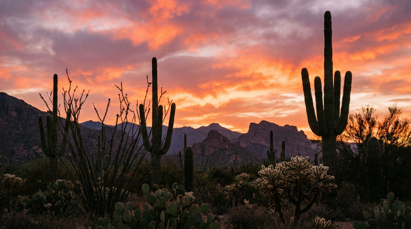 Phoenix Arizona Sonoran Desert landscape with tall saguaro cacti silhouettes against dramatic sunset sky