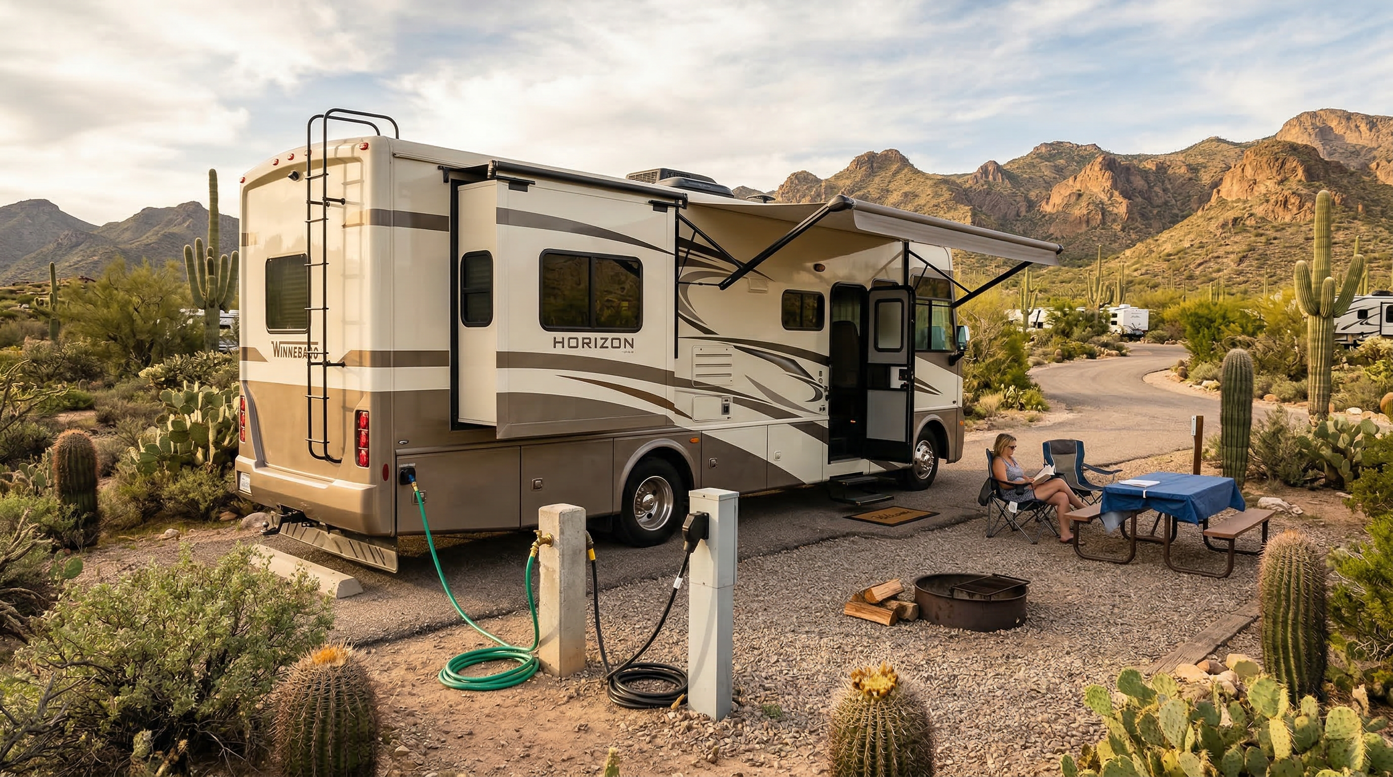 RV connected to hookups at desert campsite