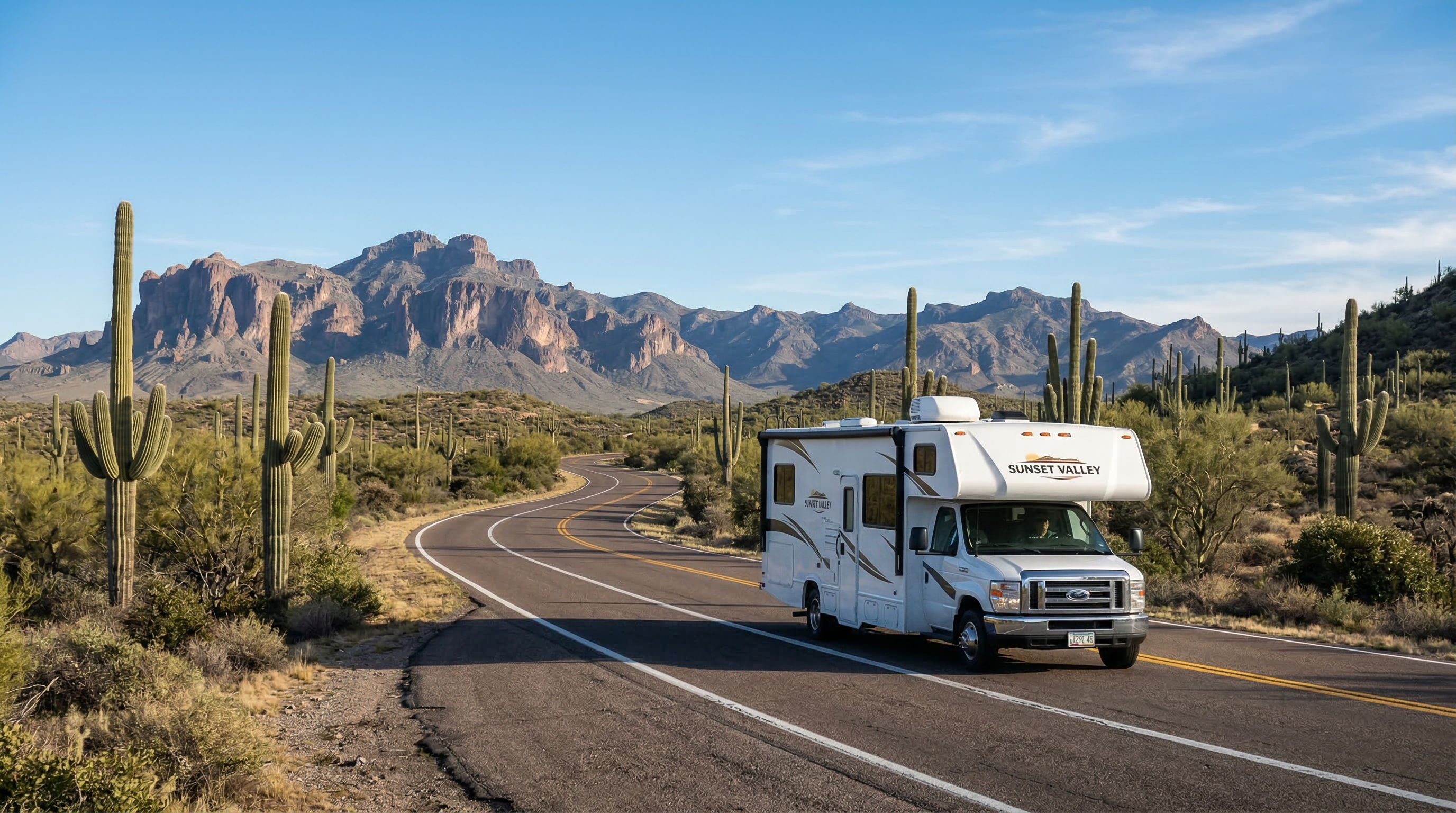 Class C motorhome on Arizona desert highway with saguaro cacti