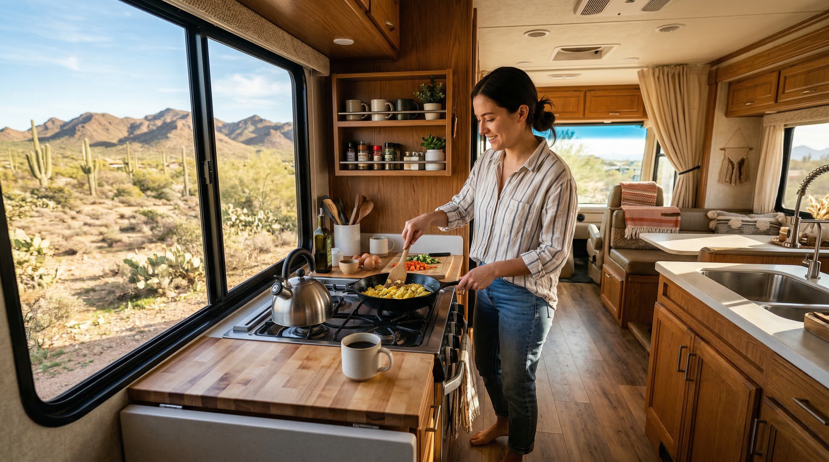 RV kitchen interior with morning cooking