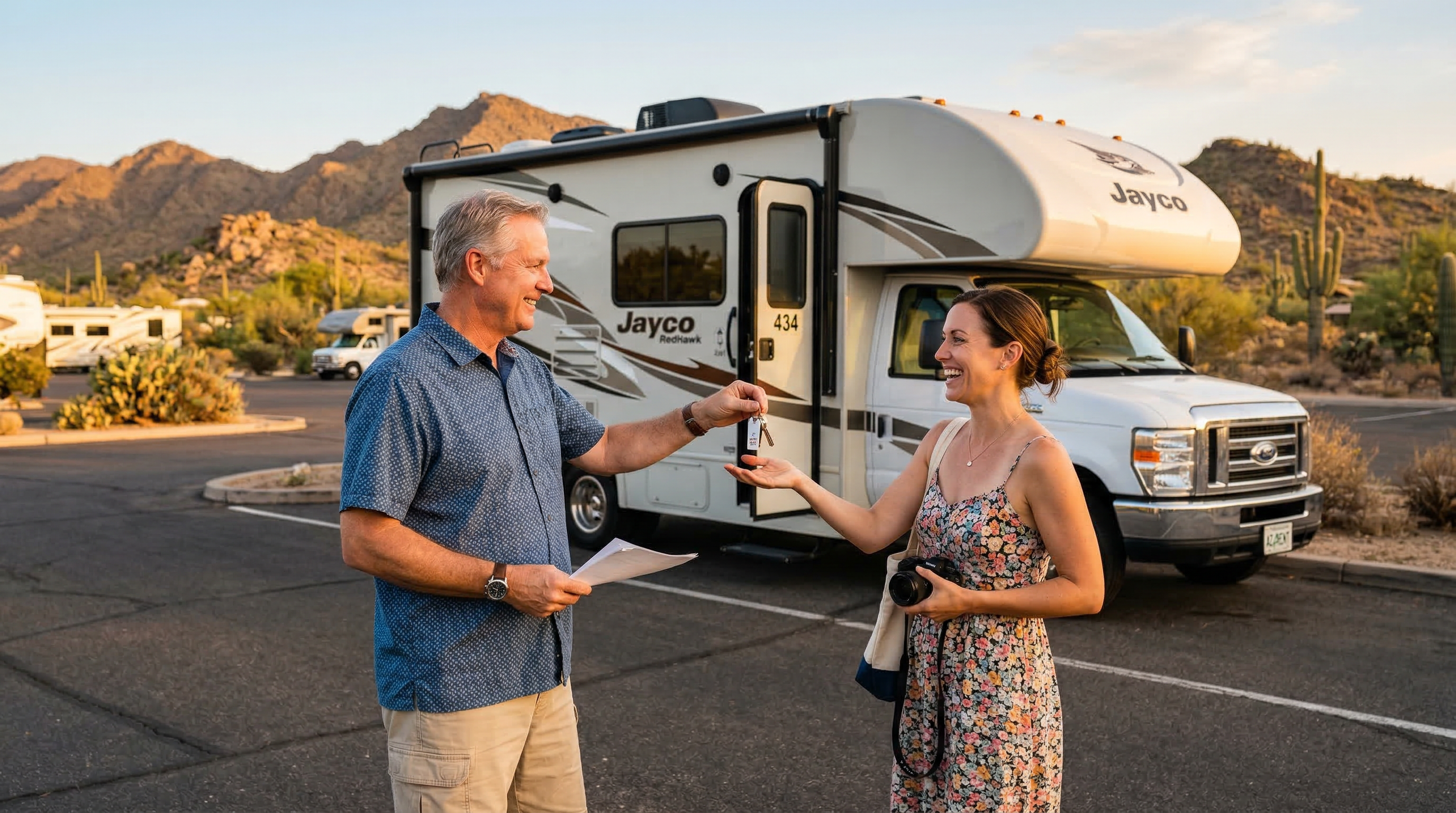 RV owner handing keys to renter at Phoenix pickup location