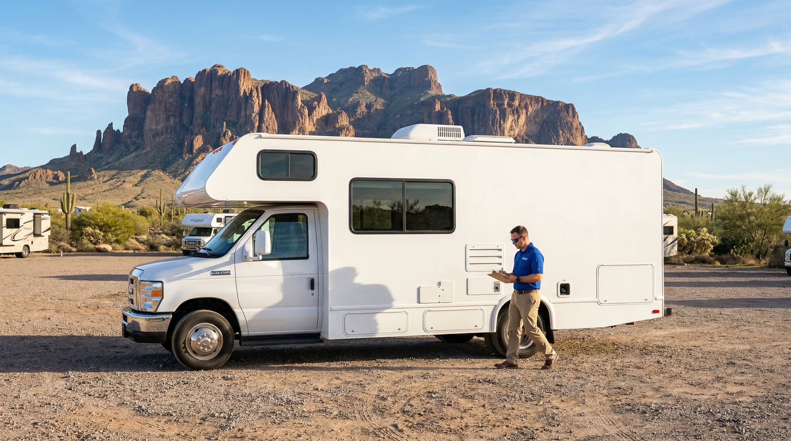Clean RV exterior in Phoenix morning light for return day inspection