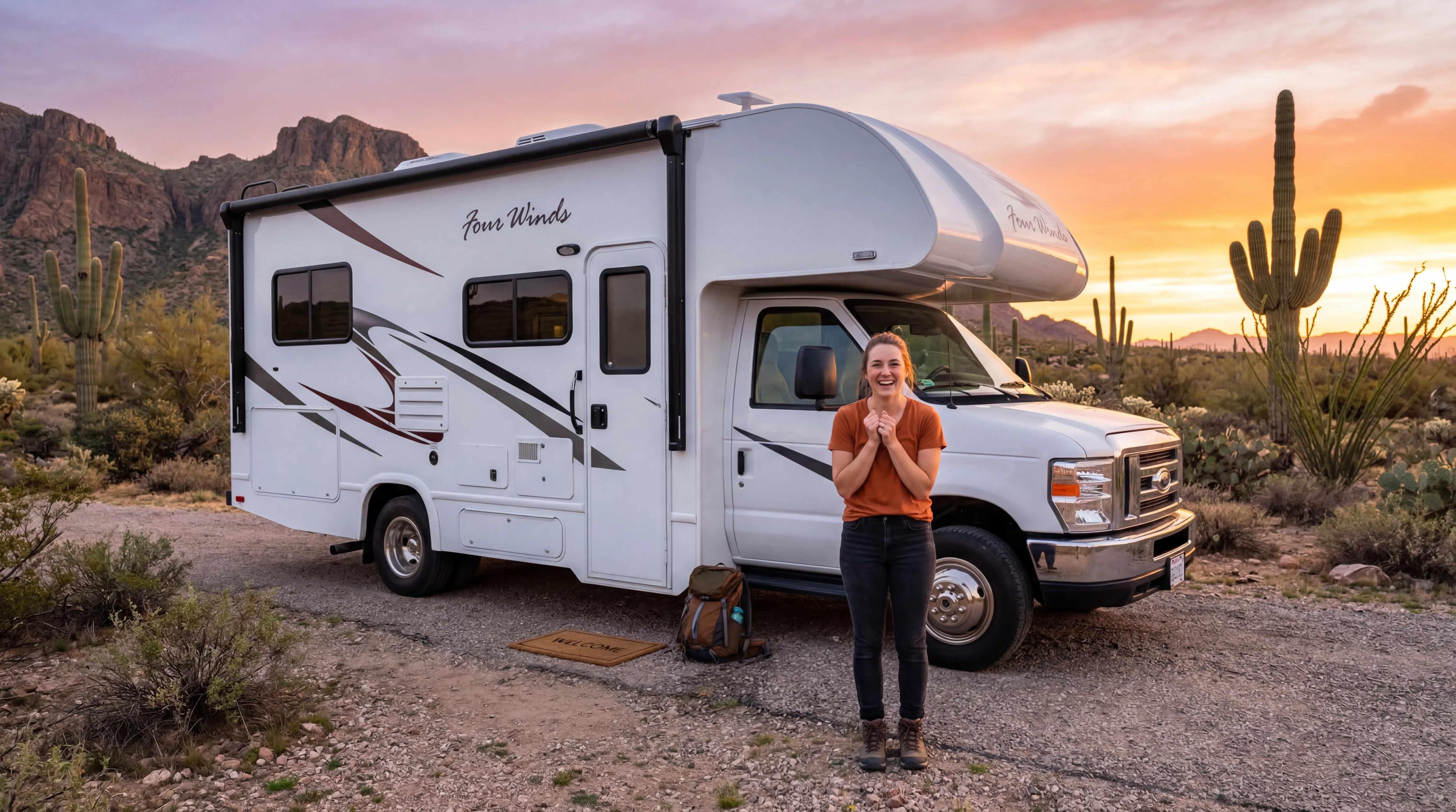 Excited first time RV renter with Sonoran Desert landscape and warm Arizona sunset