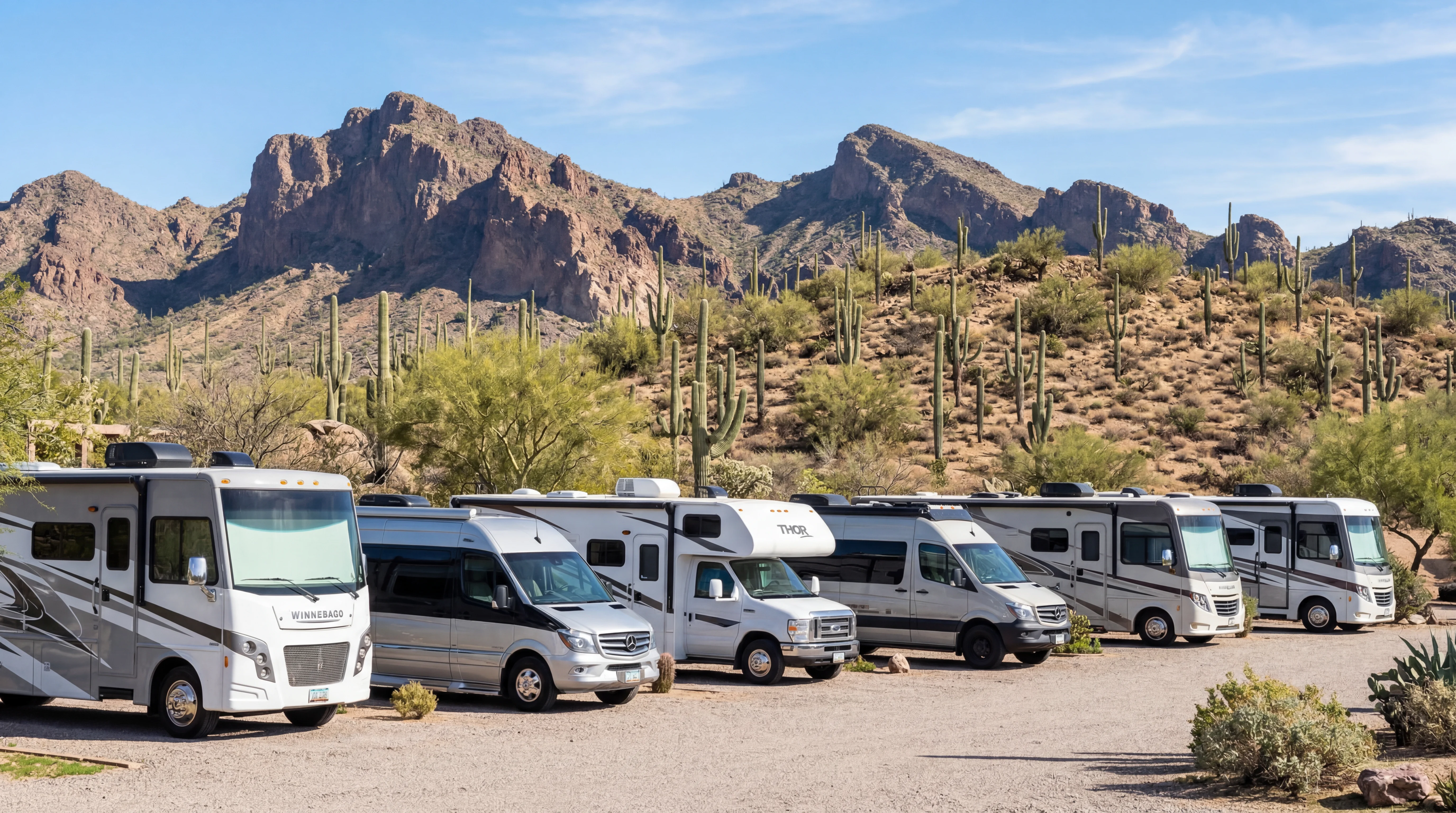 Modern RVs in Phoenix lot with Sonoran Desert mountains and cacti