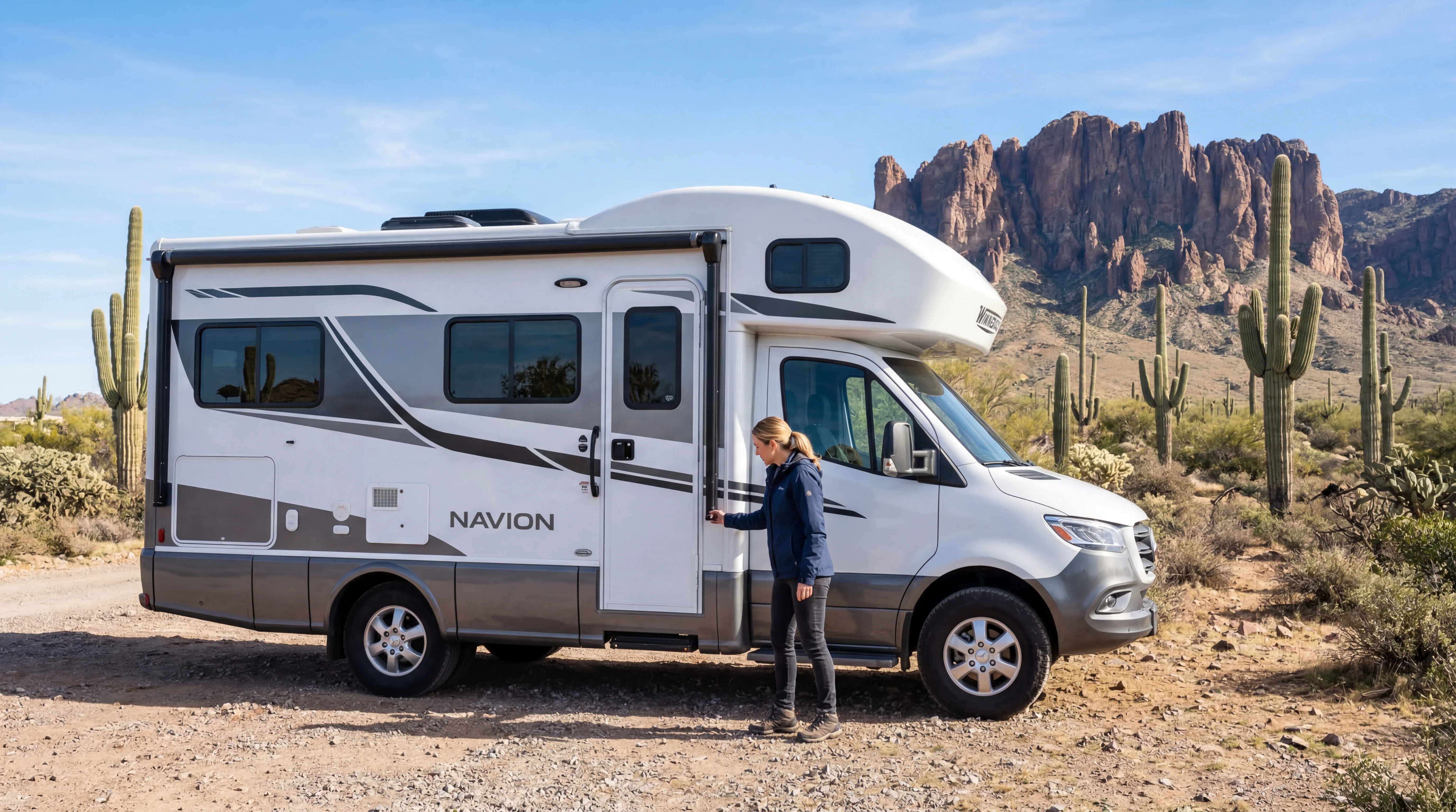 Person inspecting a modern RV in bright Arizona desert sunshine with saguaro cacti