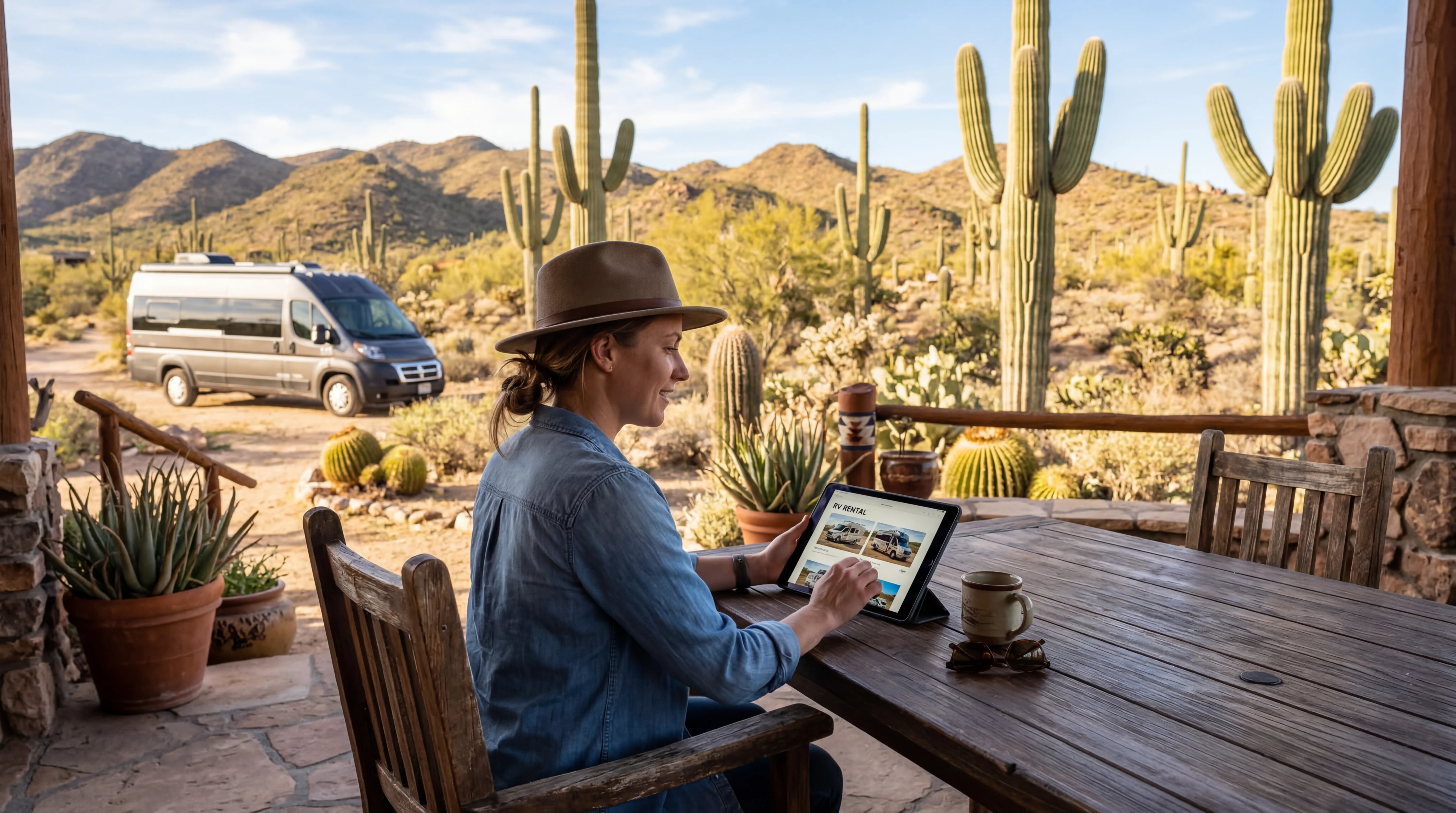 Person browsing RV options on tablet at desert patio with saguaro cacti