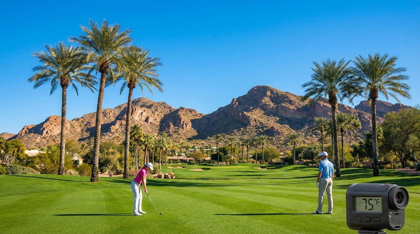 Phoenix Arizona winter outdoor activities with golfers on lush green course and desert mountain backdrop