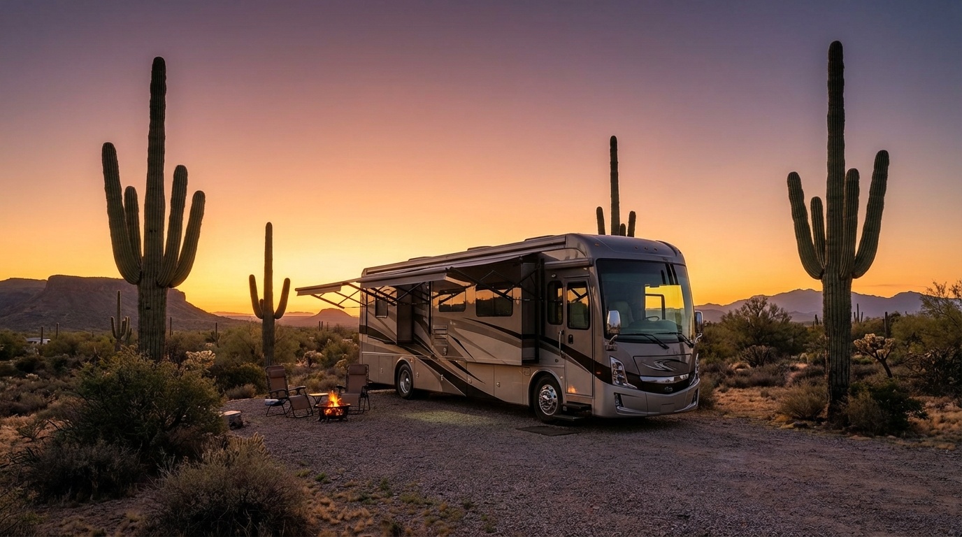 RV parked at desert campground during golden hour sunset with saguaro cacti around