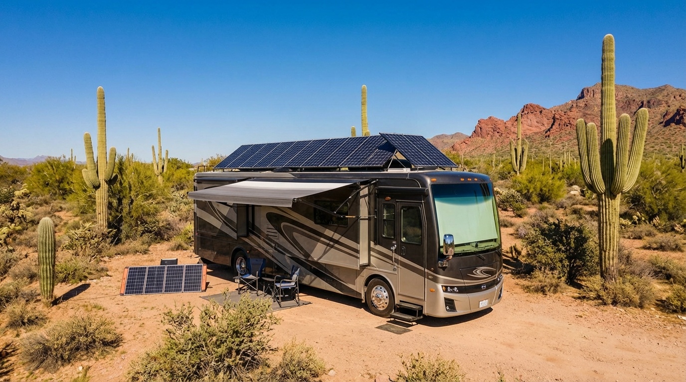 RV with solar panels installed for off grid desert camping