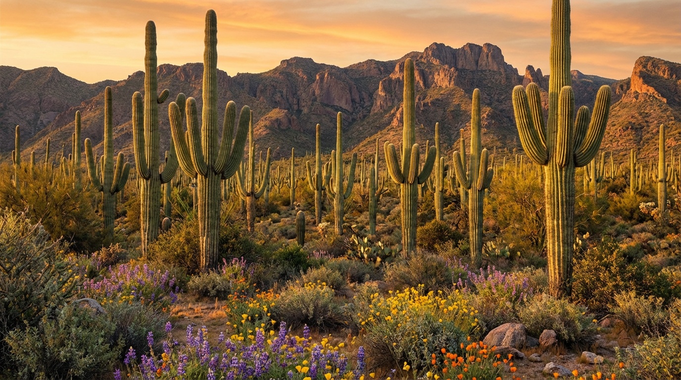 Saguaro National Park Tucson Arizona with forest of tall saguaro cacti against mountain backdrop