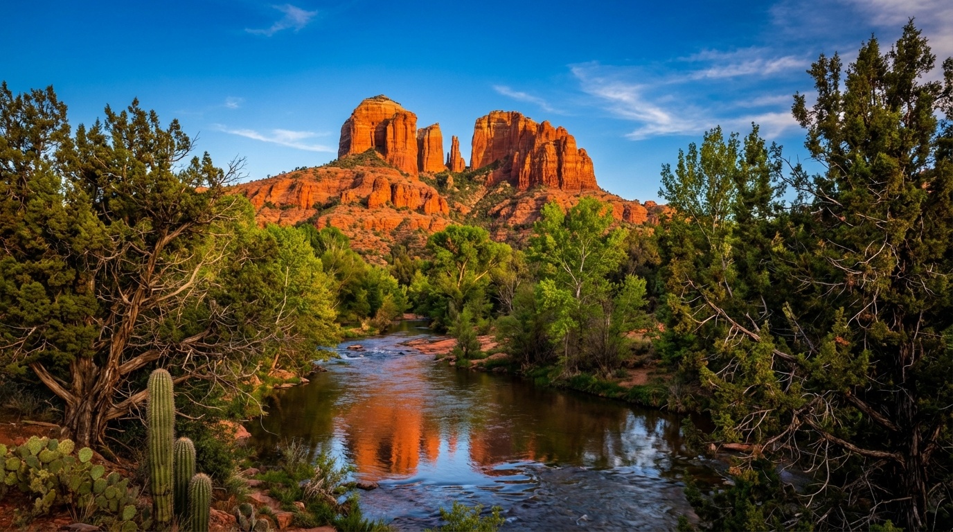 Sedona Arizona red rock formations Cathedral Rock with dramatic sandstone buttes against blue sky