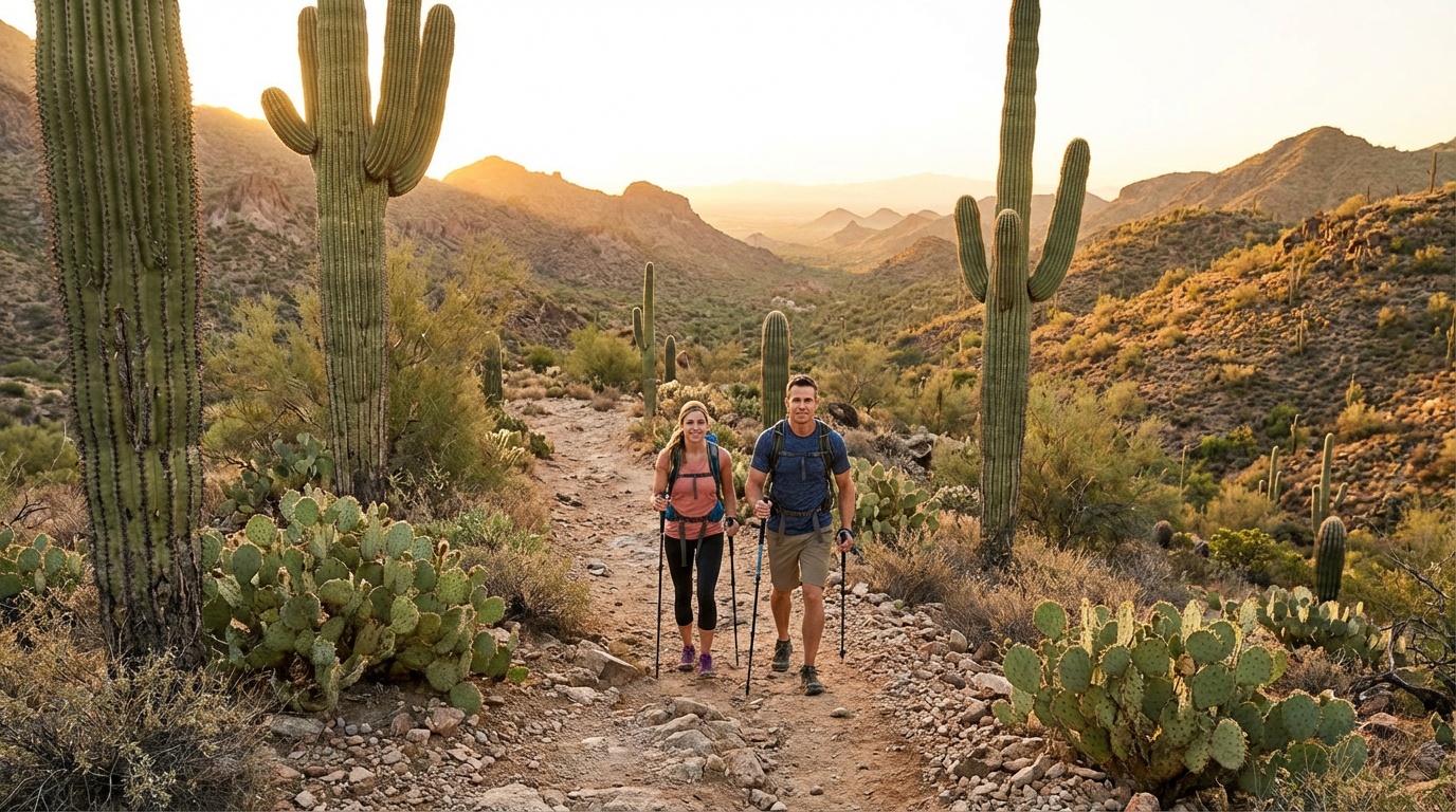 Hikers on Sonoran Desert trail with saguaro cacti in Arizona morning golden light