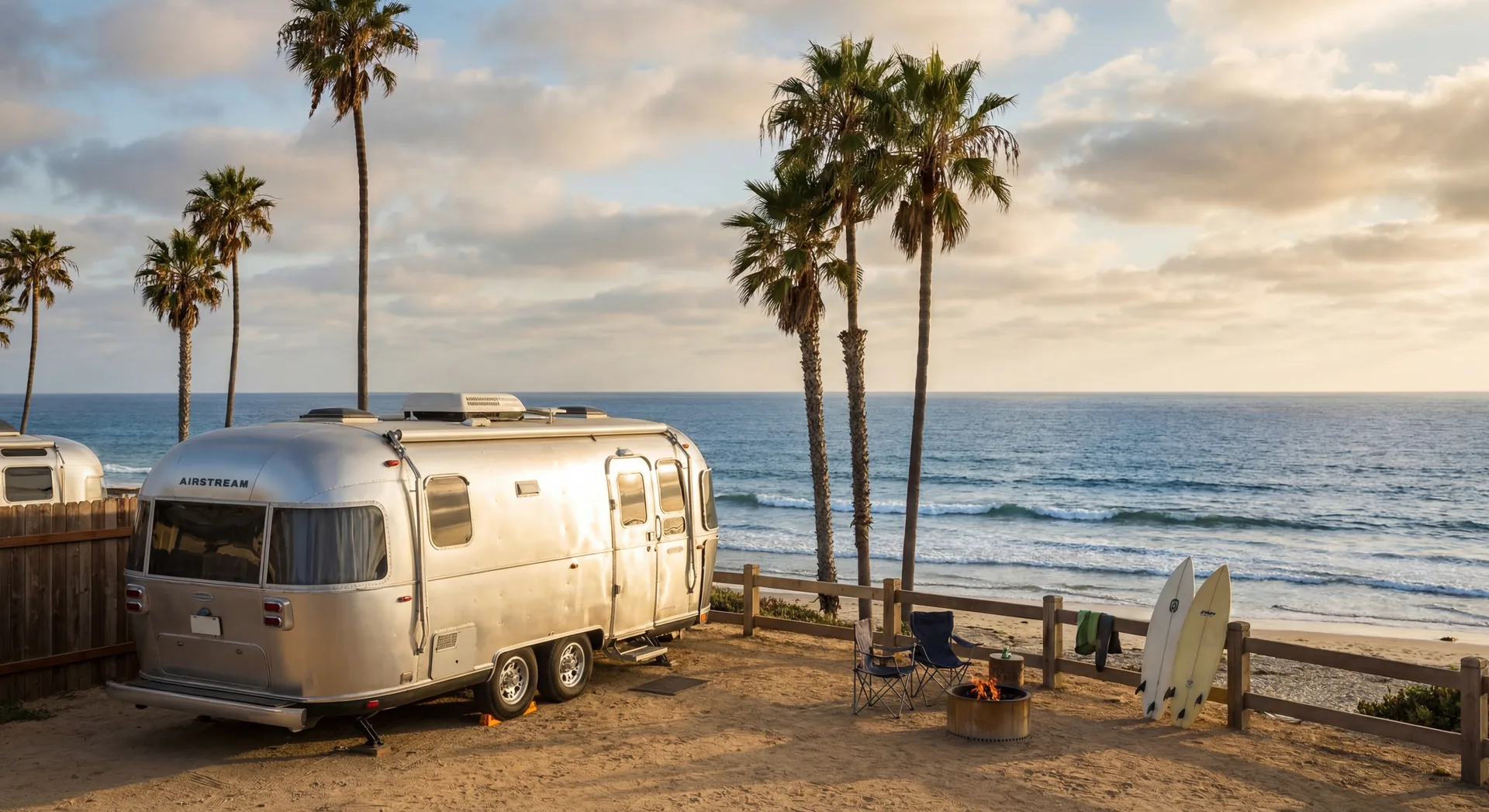 RV at a beachside campground in San Diego with palm trees and ocean view